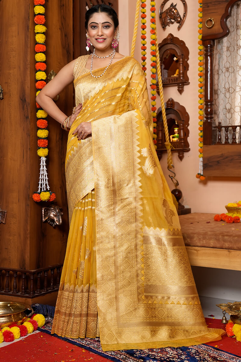 Organza Silk Saree Jacquard Work sari for women deals Traditional party wear Sari blouse.