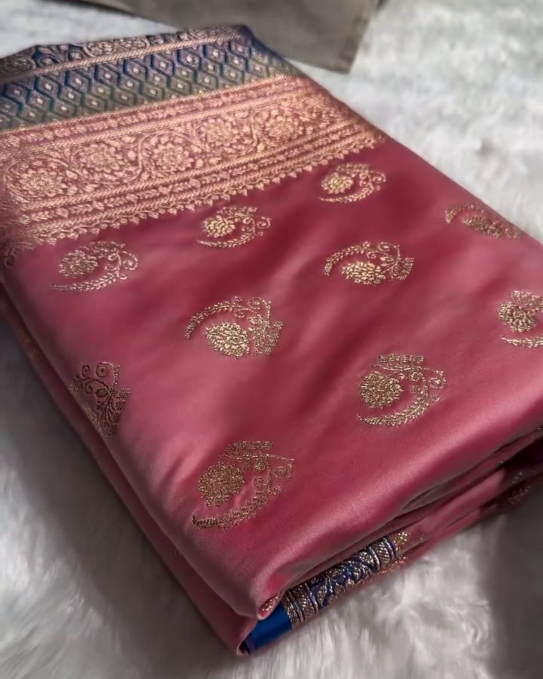 Charu - Pink Katan Silk Saree with Golden Zari Weaving and Royal Blue Border