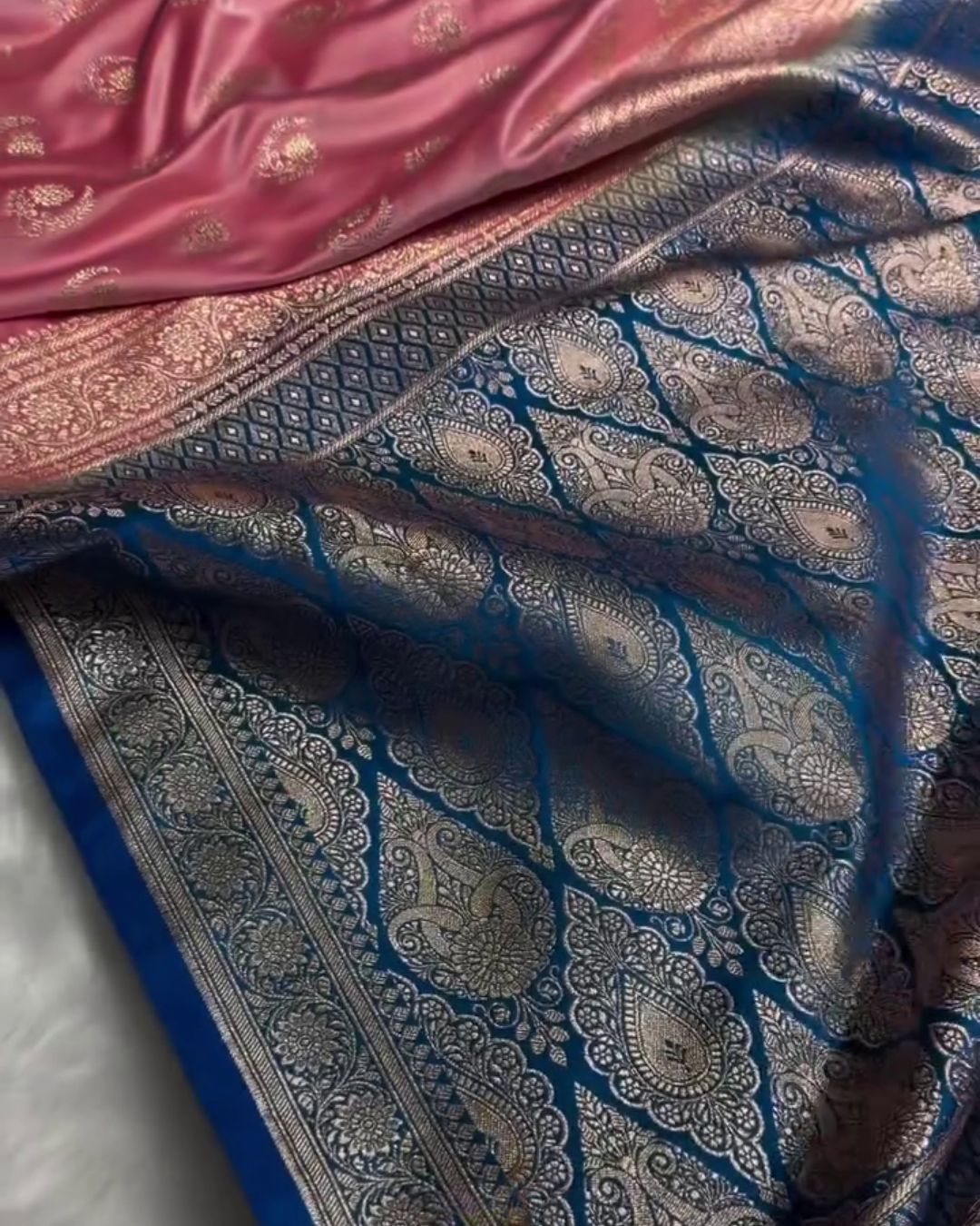 Charu - Pink Katan Silk Saree with Golden Zari Weaving and Royal Blue Border