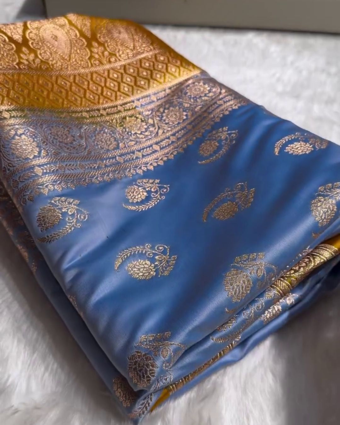 Charu - Sky Blue Katan Silk Saree with Golden Zari Weaving and Mustard Border