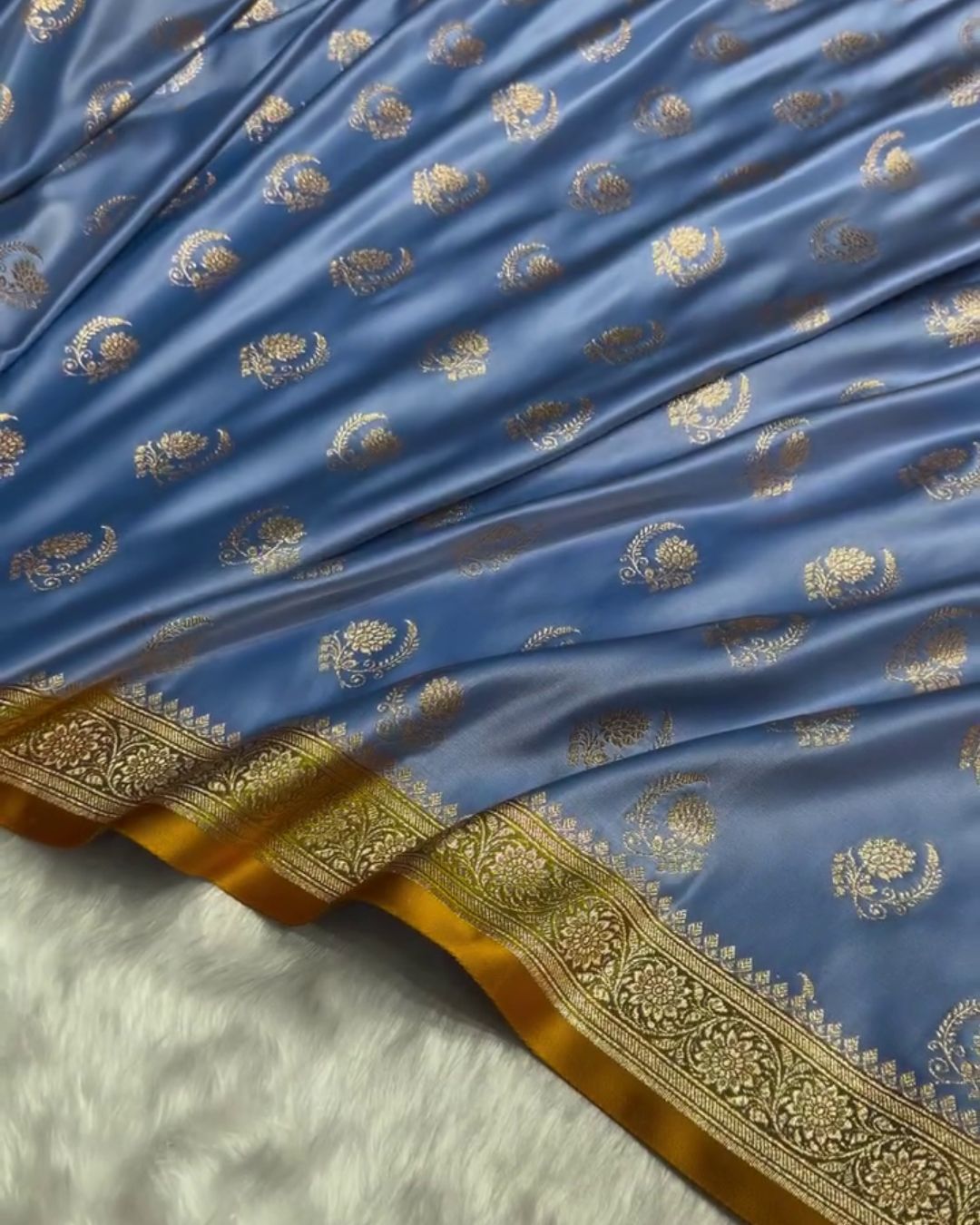 Charu - Sky Blue Katan Silk Saree with Golden Zari Weaving and Mustard Border