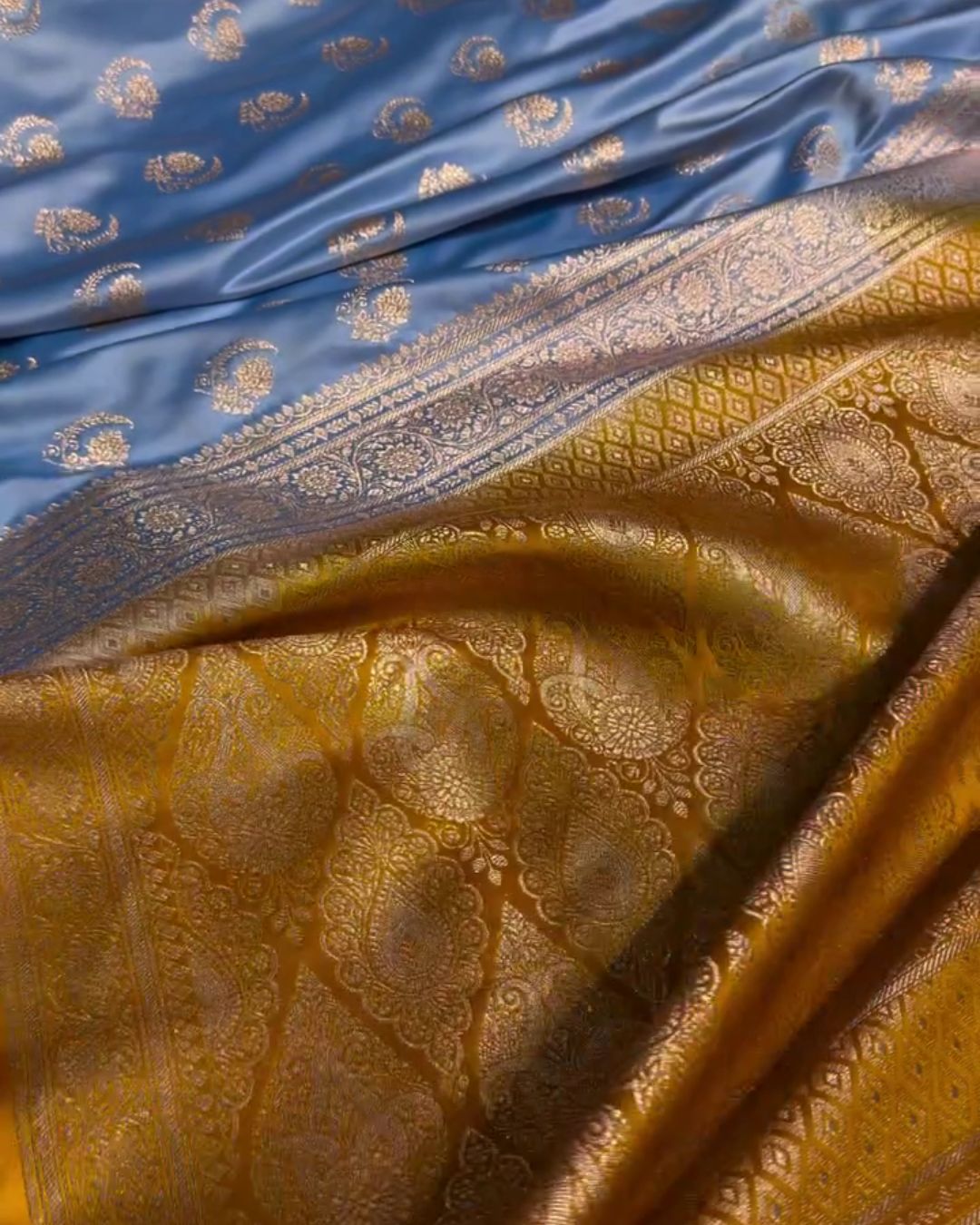 Charu - Sky Blue Katan Silk Saree with Golden Zari Weaving and Mustard Border
