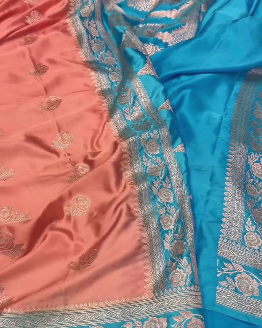 Devangana – Pink and Blue Dual-Tone Banarasi Mashru Katan Silk Saree with Silver Zari Weaving