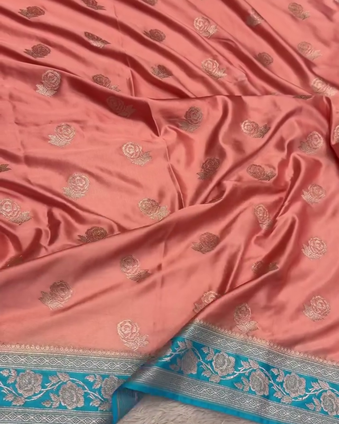 Devangana – Pink and Blue Dual-Tone Banarasi Mashru Katan Silk Saree with Silver Zari Weaving