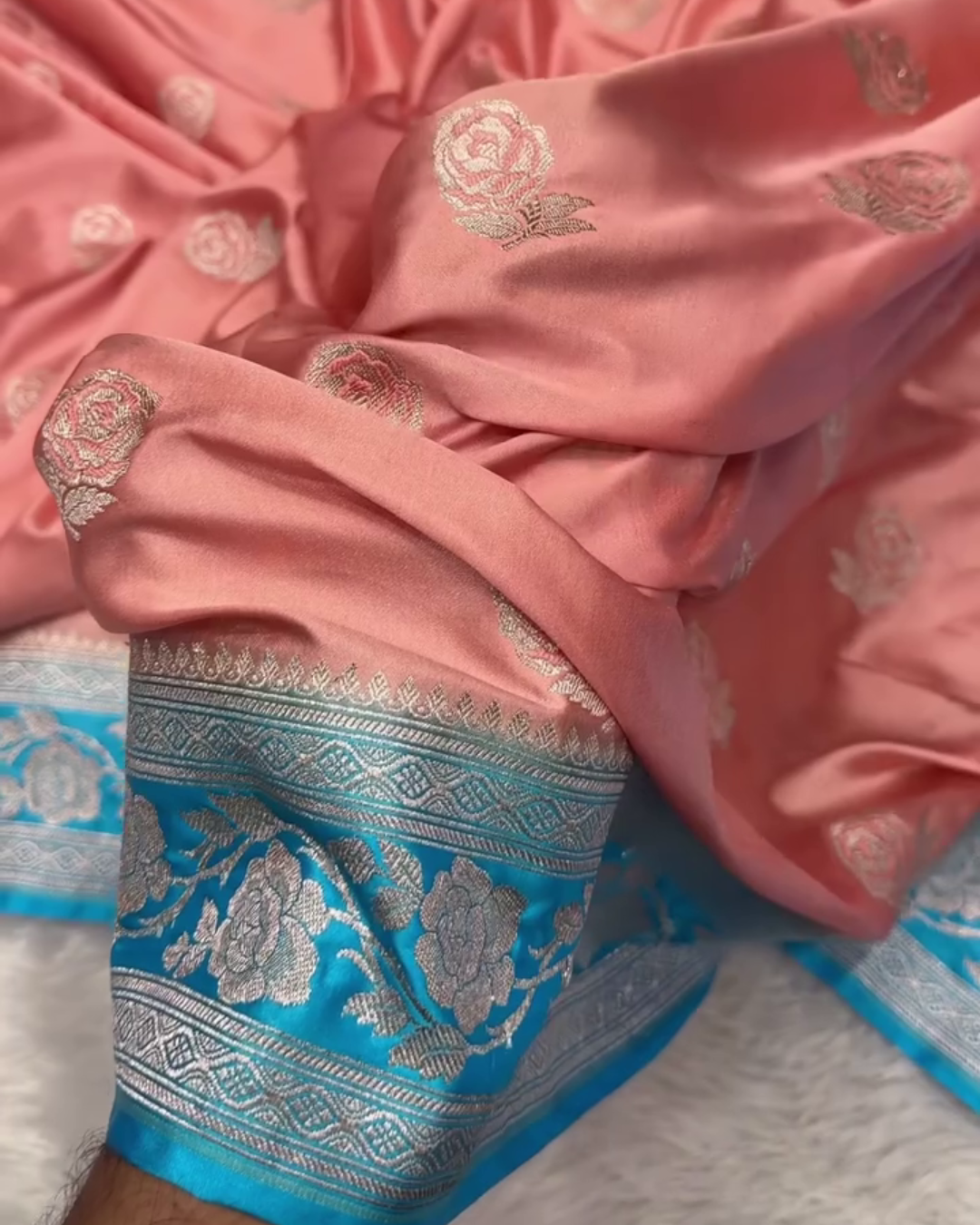 Devangana – Pink and Blue Dual-Tone Banarasi Mashru Katan Silk Saree with Silver Zari Weaving