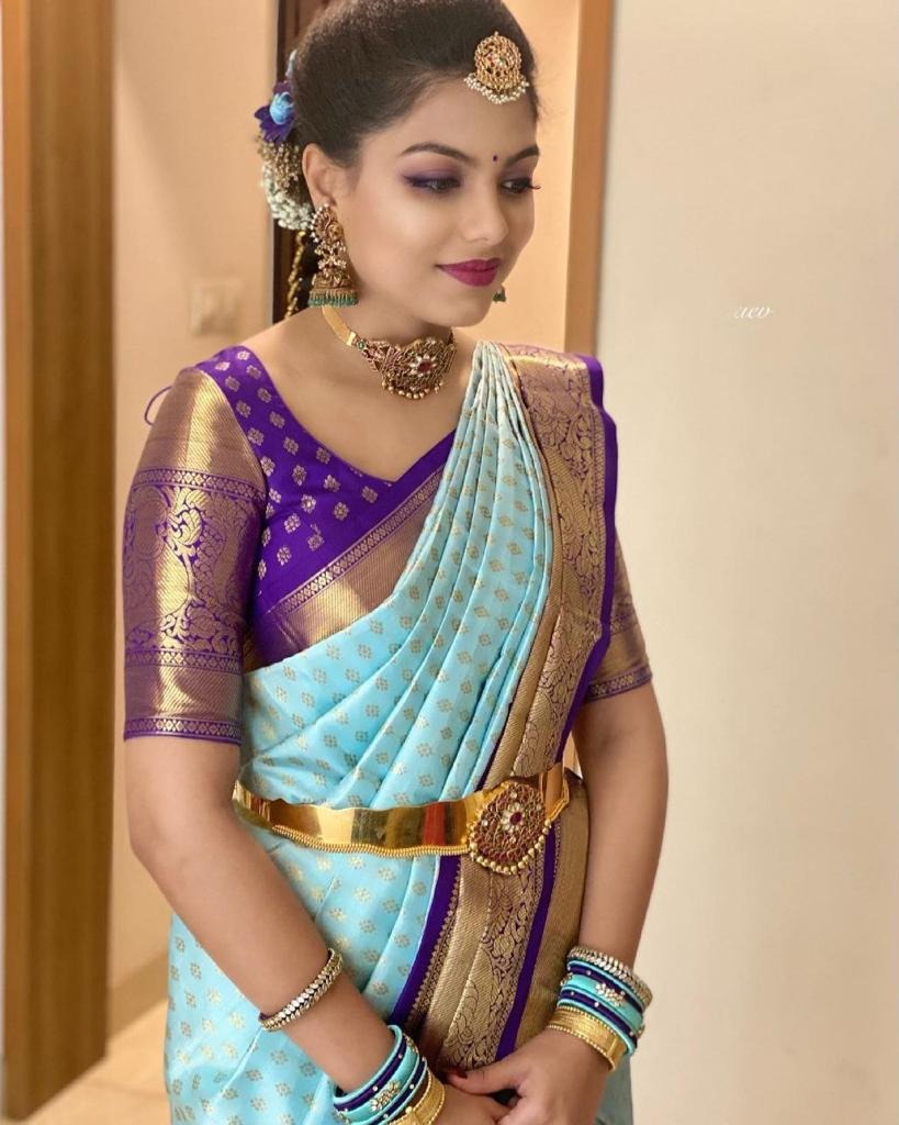 Nirmala - Firozi Soft Banarasi Silk Saree with Purple Jacquard Blouse