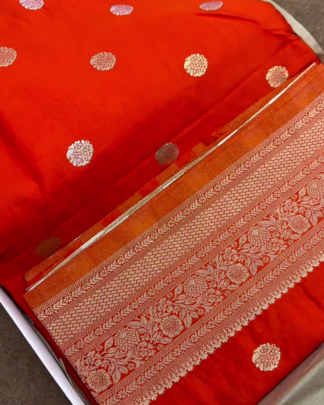 Mrinalika – Red Banarasi Mashru Satin Silk Saree with Zari Buta Weaving