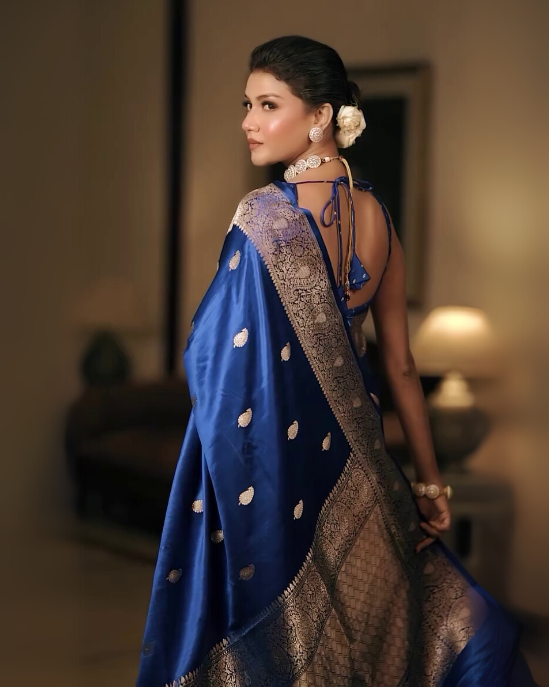 Sharvani – Royal Blue Banarsi Silk Saree with Zari Butta and Woven Border