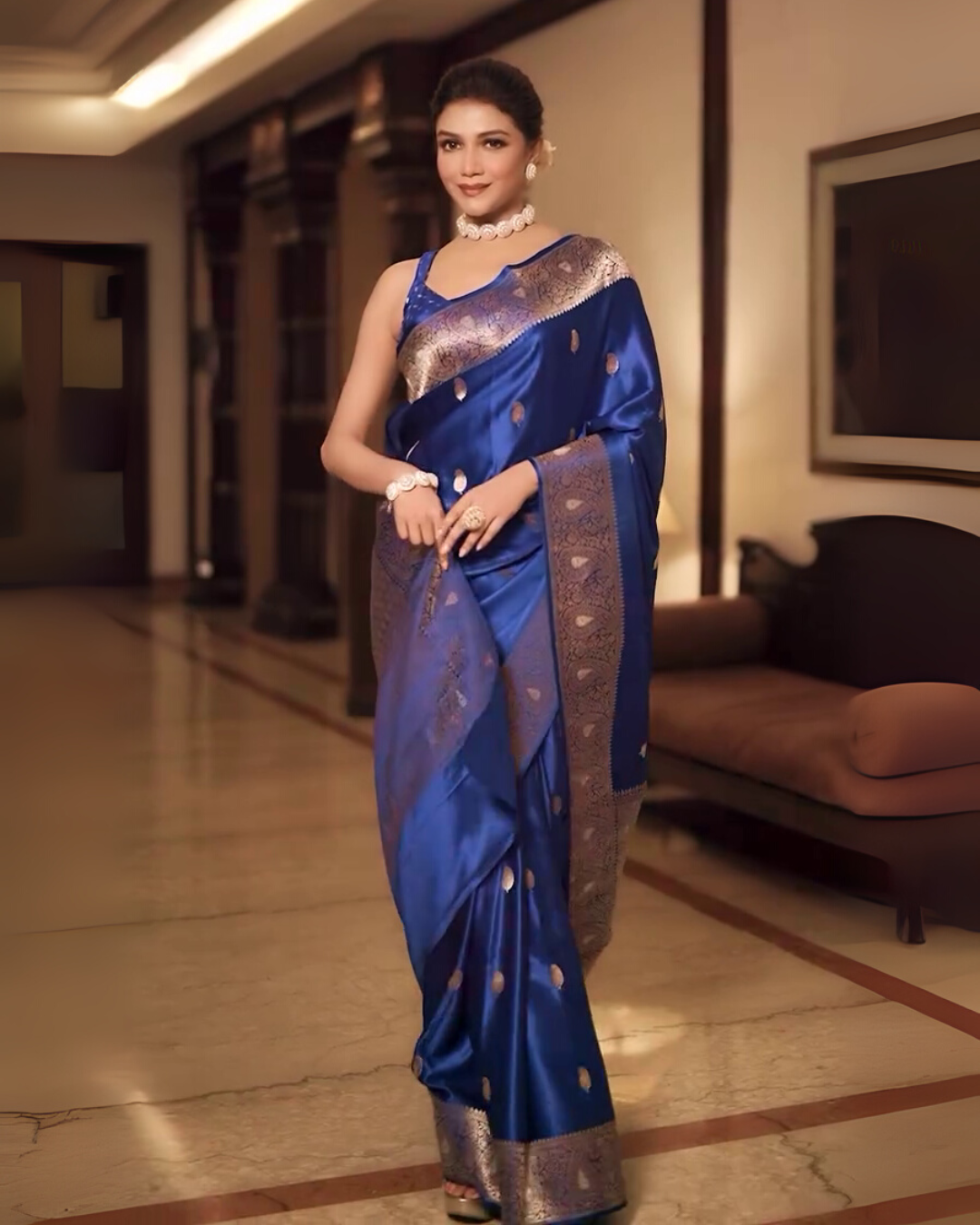Sharvani – Royal Blue Banarsi Silk Saree with Zari Butta and Woven Border