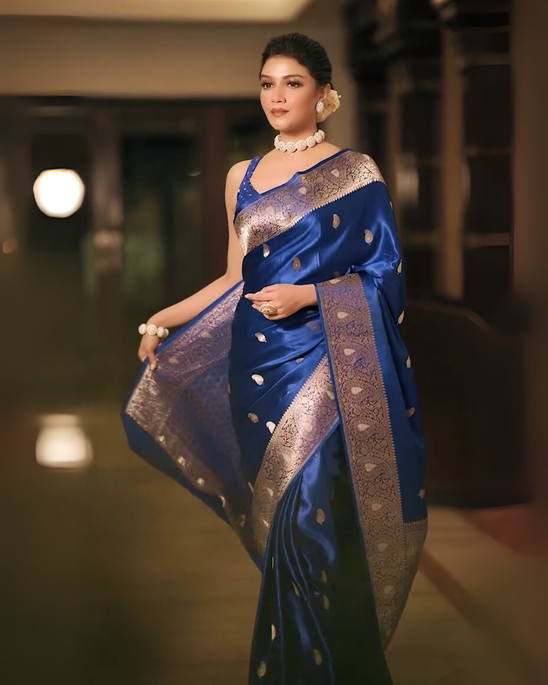 Sharvani – Royal Blue Banarsi Silk Saree with Zari Butta and Woven Border