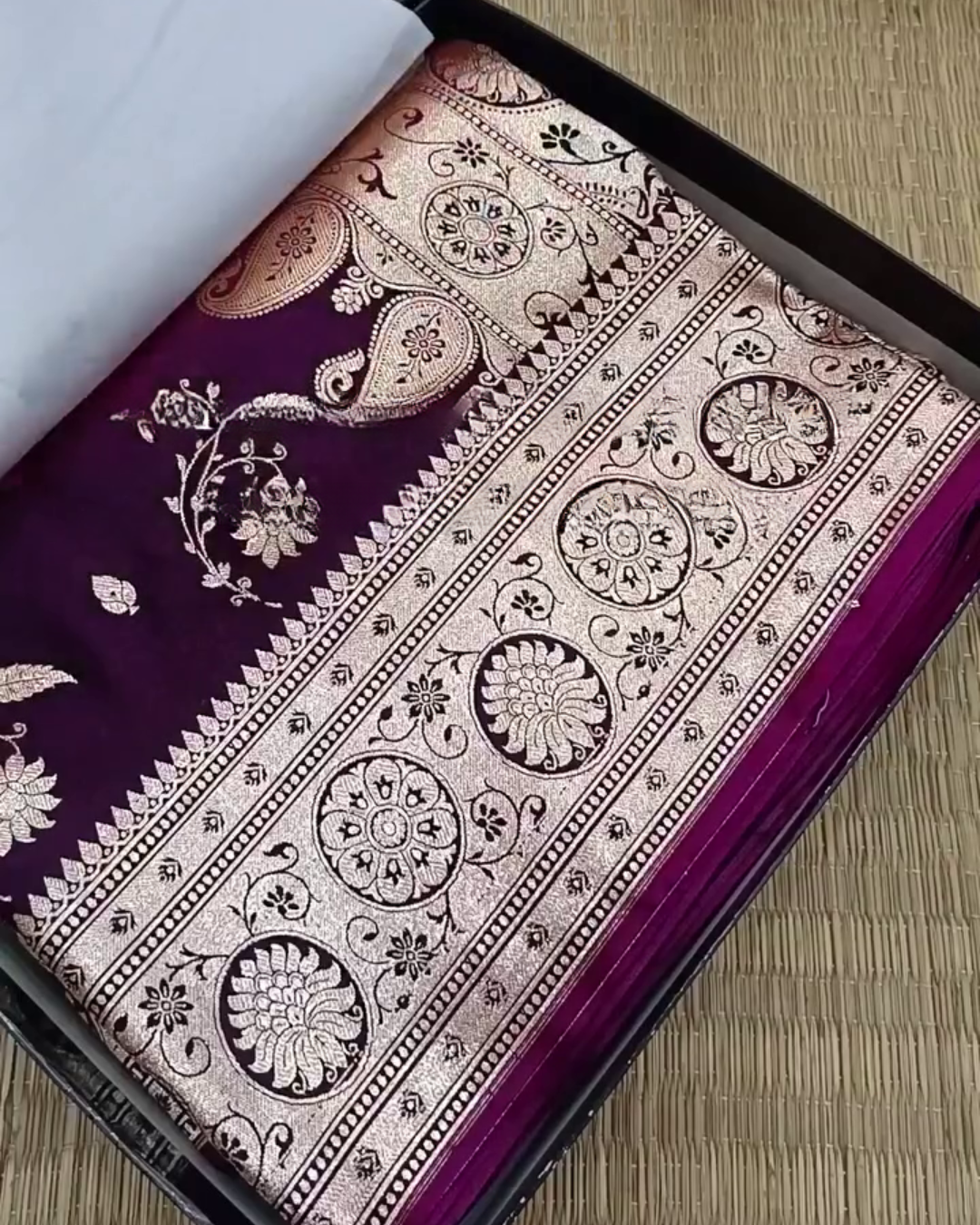 Sumitra – Purple Banarasi Silk Saree with Silver Zari Floral and Paisley Weave