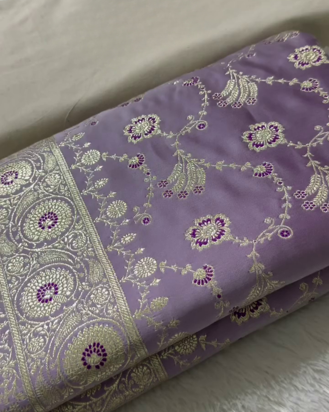 Sushmita – Lavender Katan Silk Saree with Golden Zari Floral Weaving