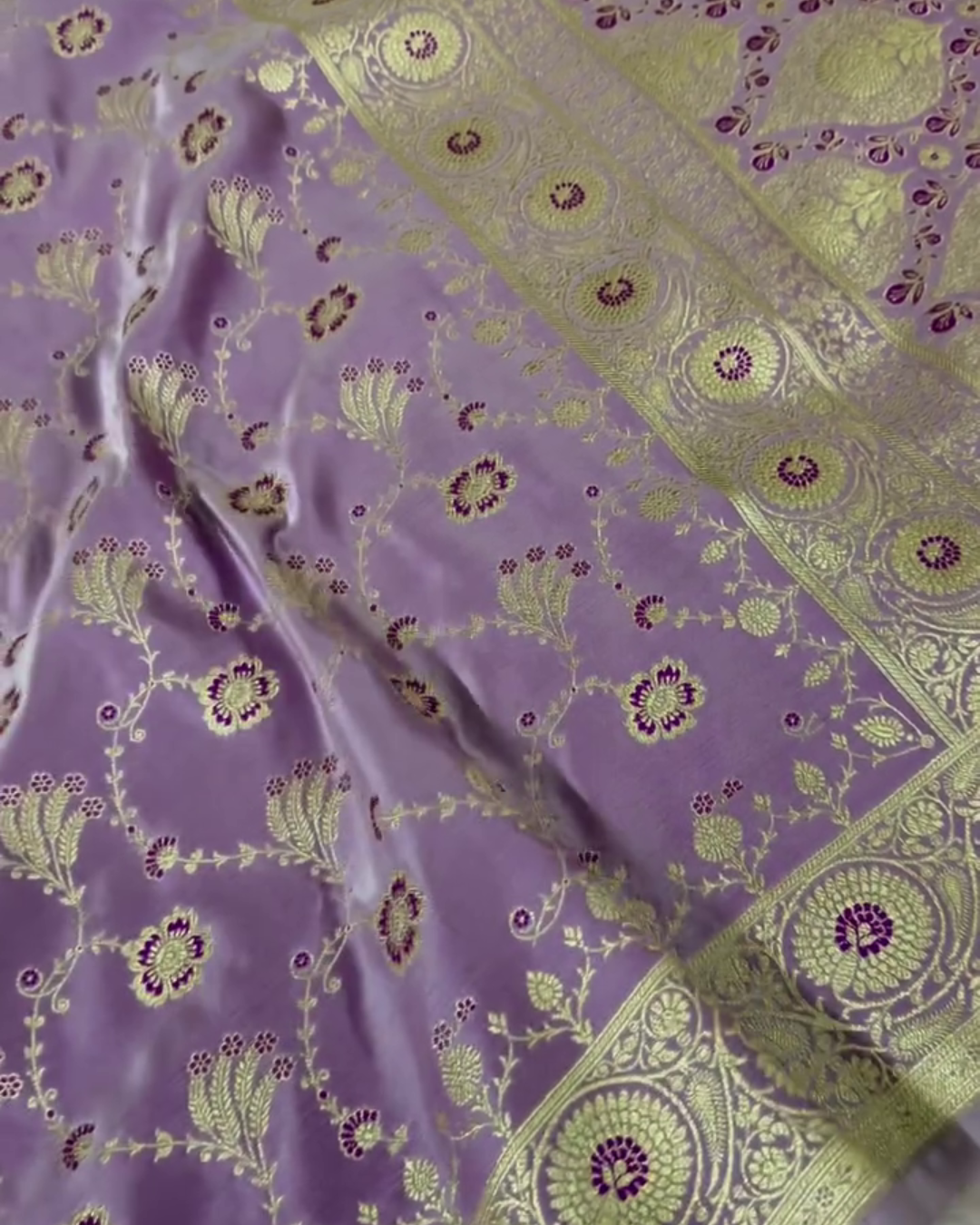 Sushmita – Lavender Katan Silk Saree with Golden Zari Floral Weaving