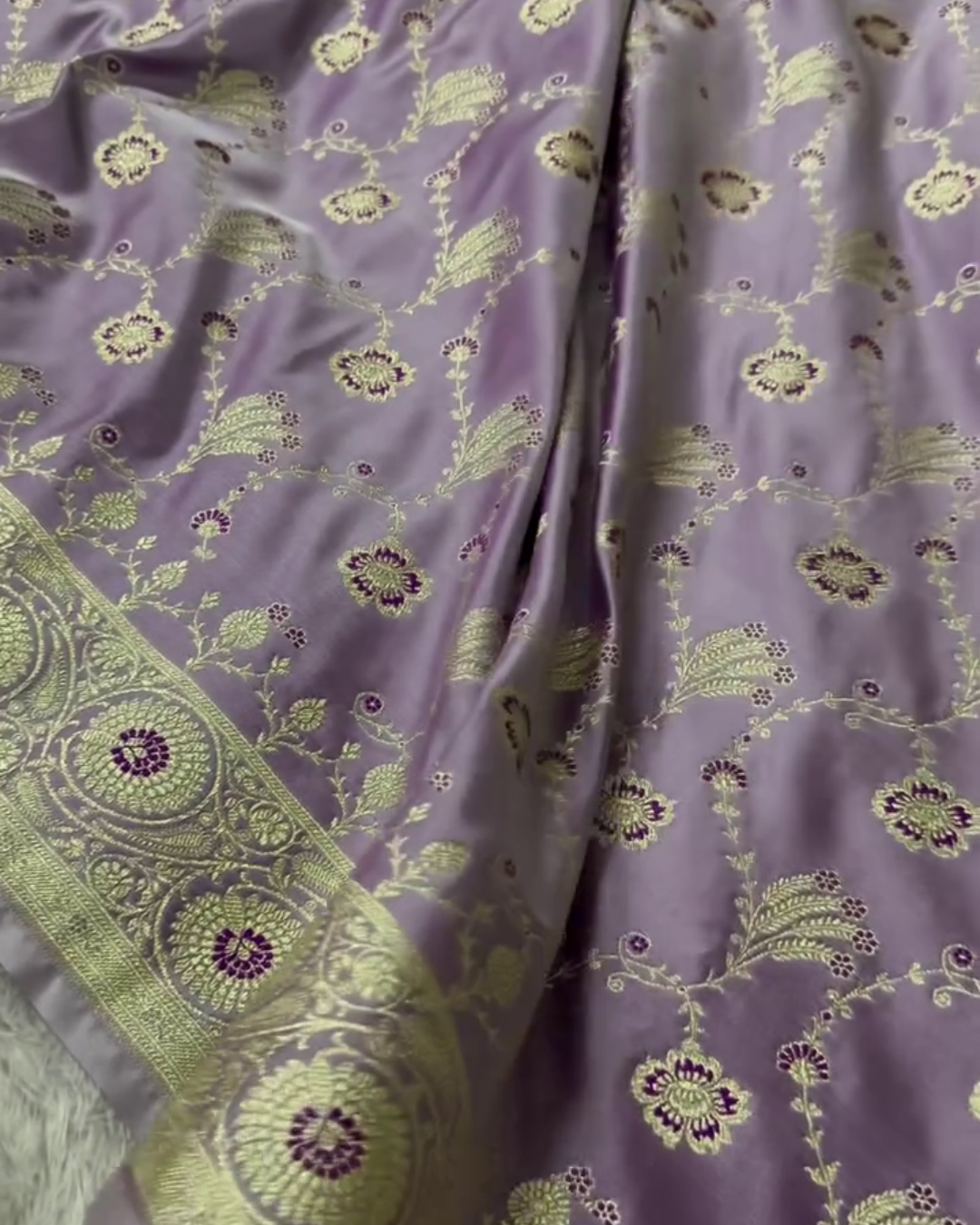 Sushmita – Lavender Katan Silk Saree with Golden Zari Floral Weaving