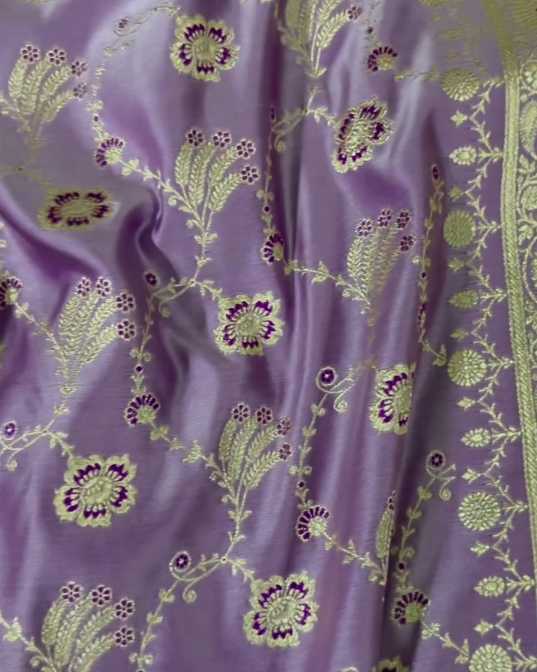 Sushmita – Lavender Katan Silk Saree with Golden Zari Floral Weaving