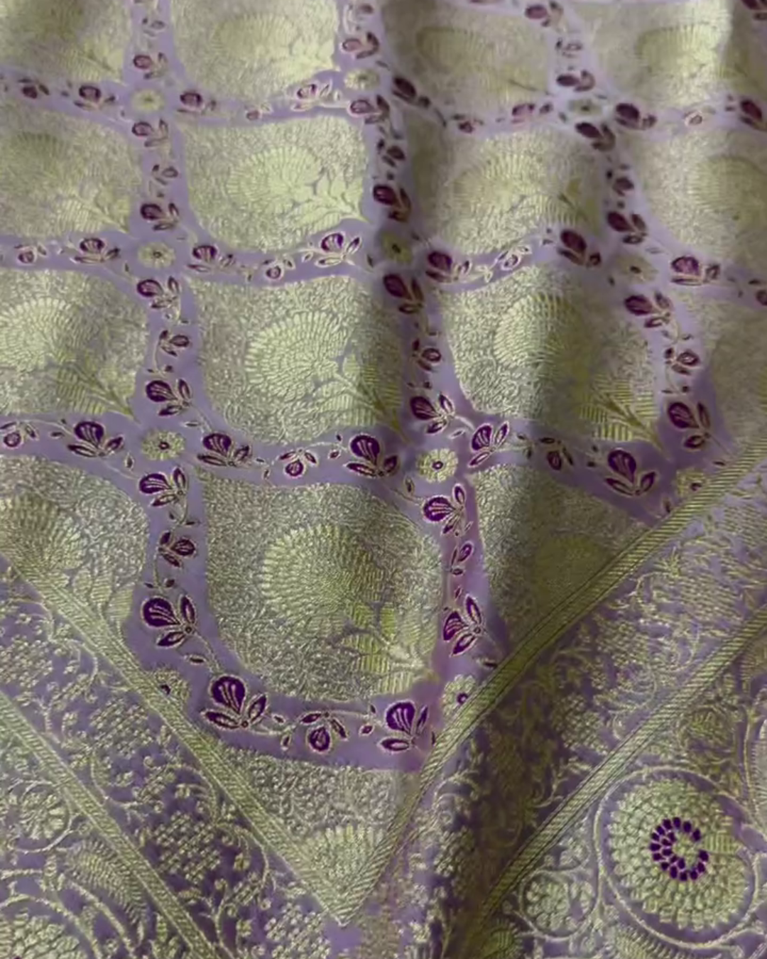 Sushmita – Lavender Katan Silk Saree with Golden Zari Floral Weaving