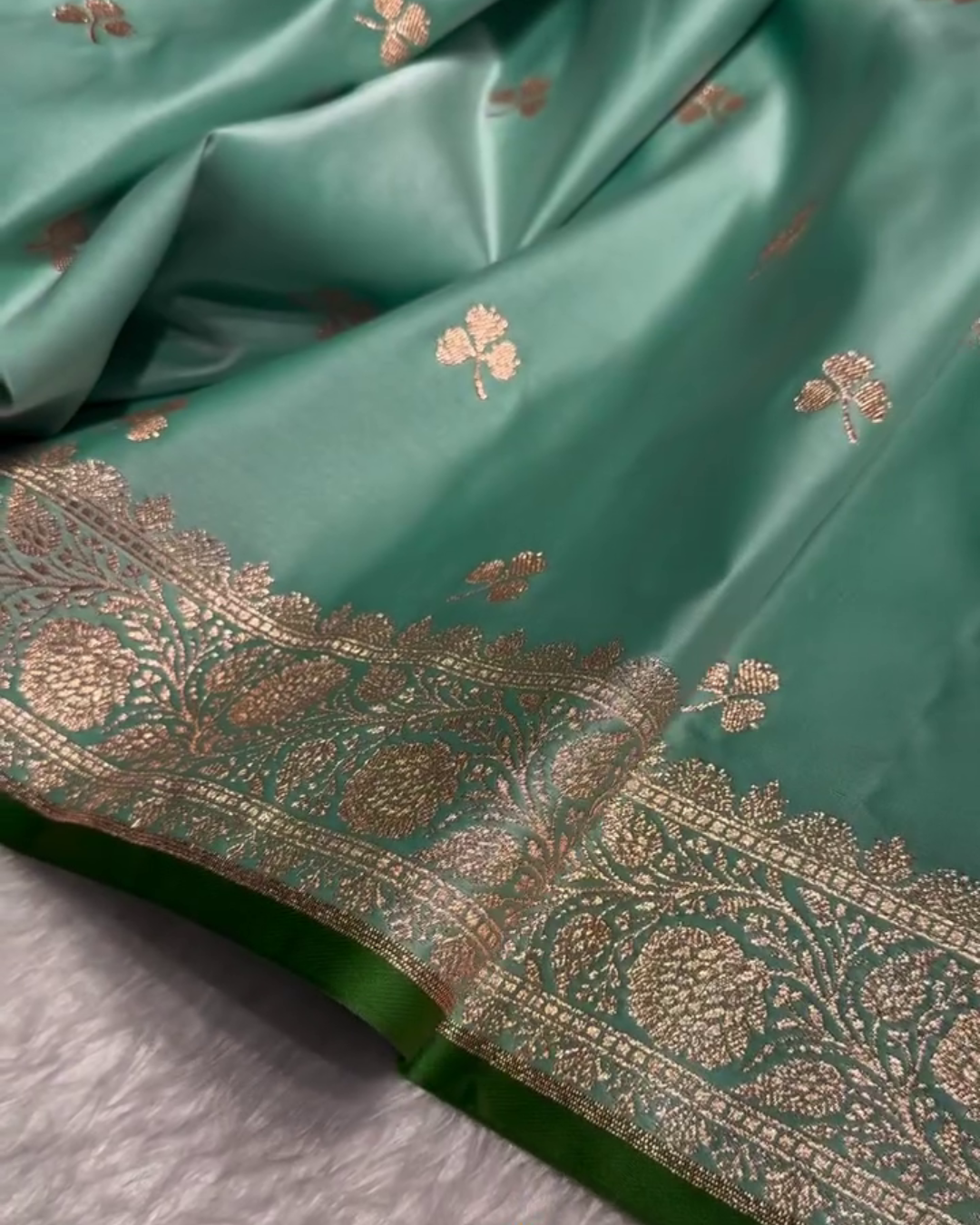 Urmila – Green Banarasi Semi-Katan Silk Saree with Golden Zari Butta and Broad Border