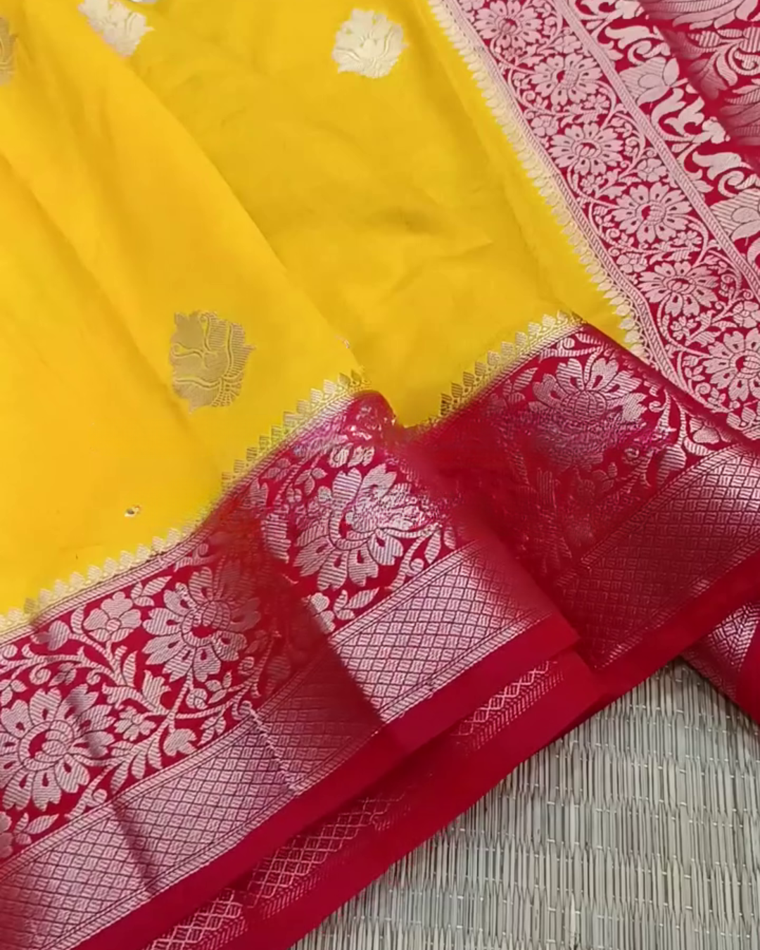 Vasundhara – Yellow Banarasi Silk Saree with Red Floral Zari Border and Butta
