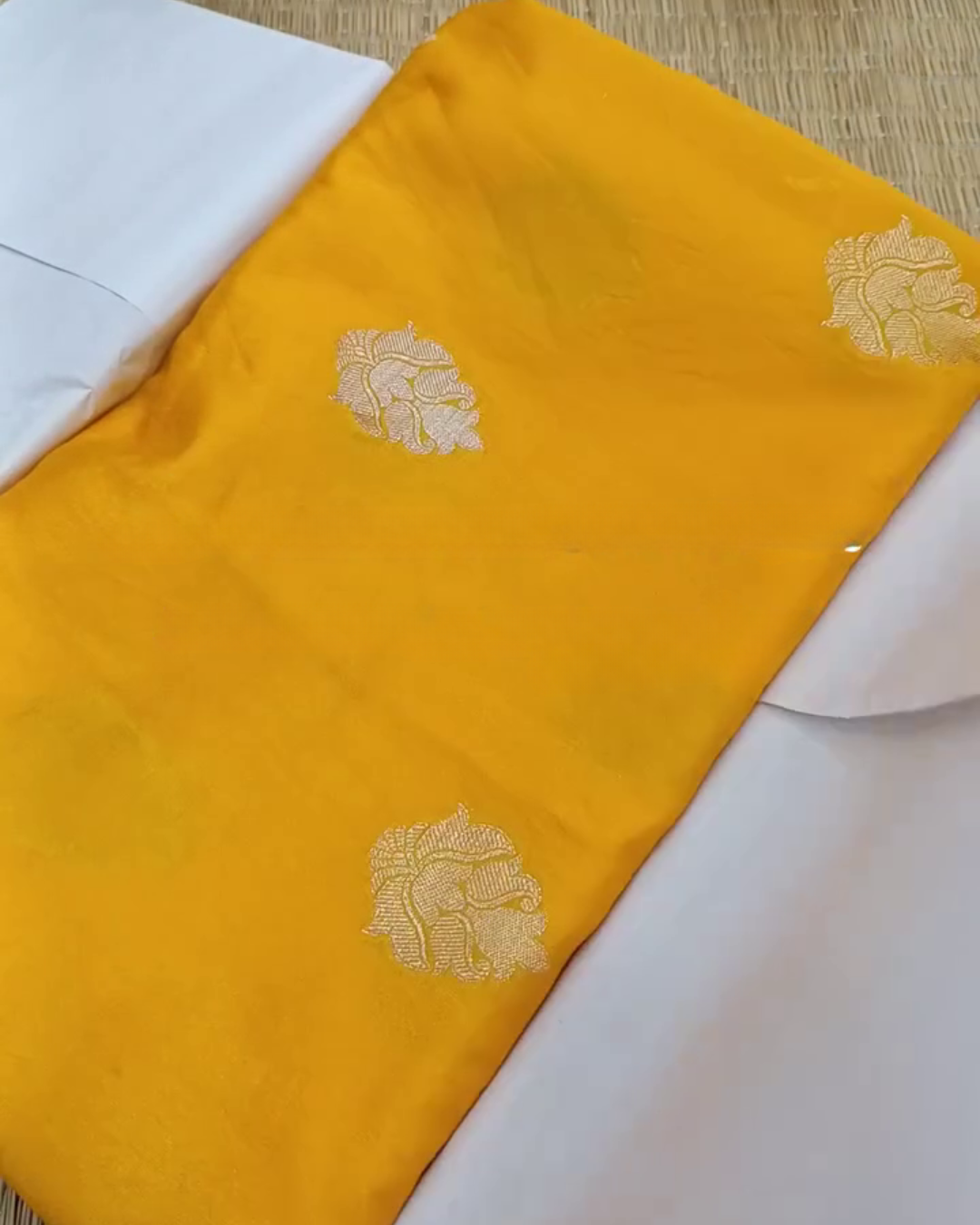 Vasundhara – Yellow Banarasi Silk Saree with Red Floral Zari Border and Butta