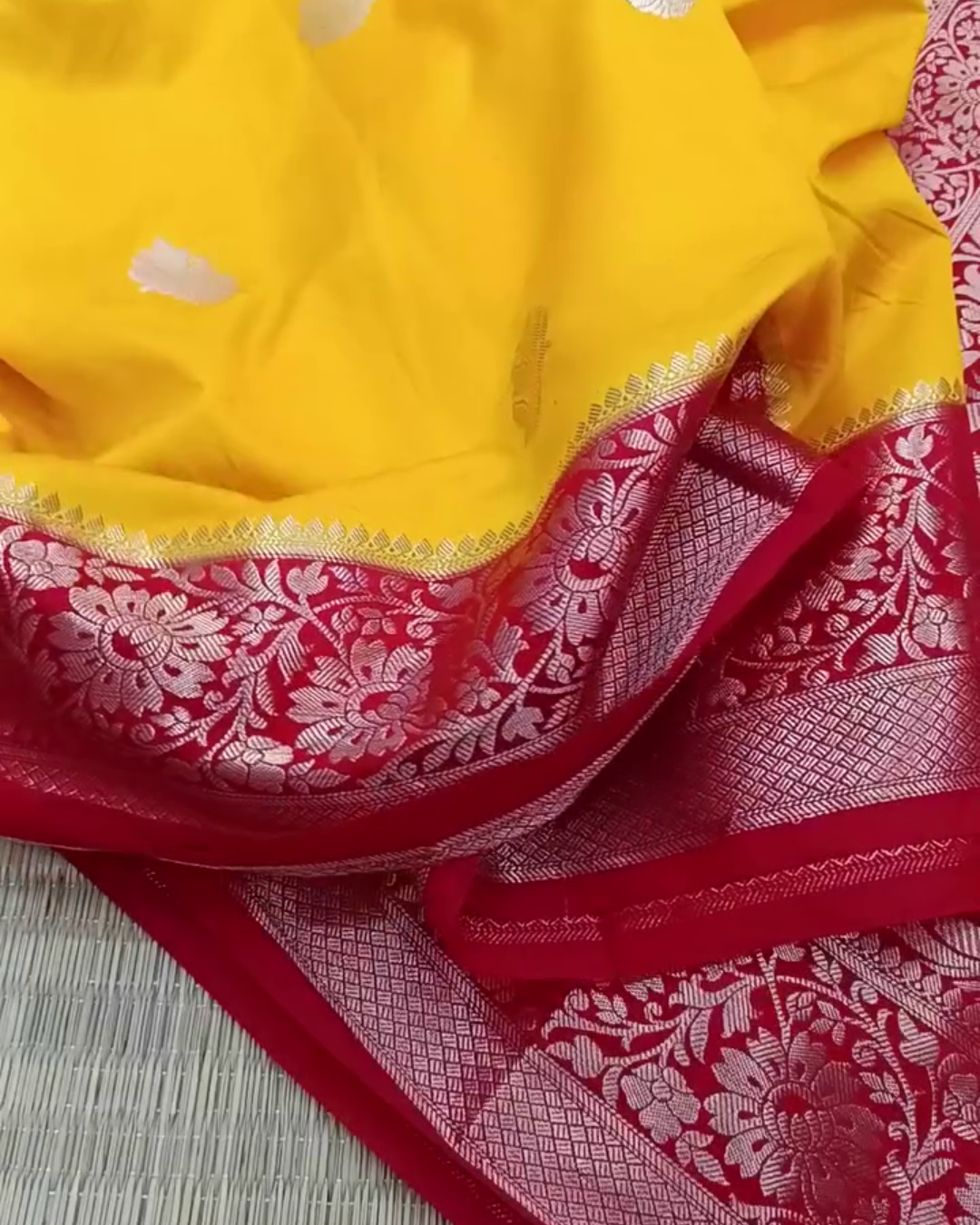 Vasundhara – Yellow Banarasi Silk Saree with Red Floral Zari Border and Butta
