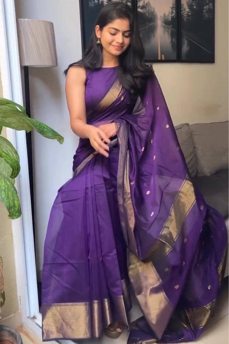 Deep Purple Soft Silk Saree with Gold Zari Border