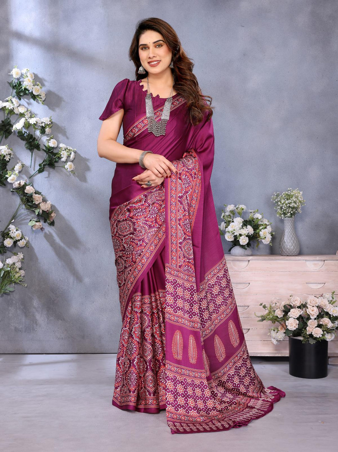 Wine Bandhani Printed Silk Saree with Patola Pallu