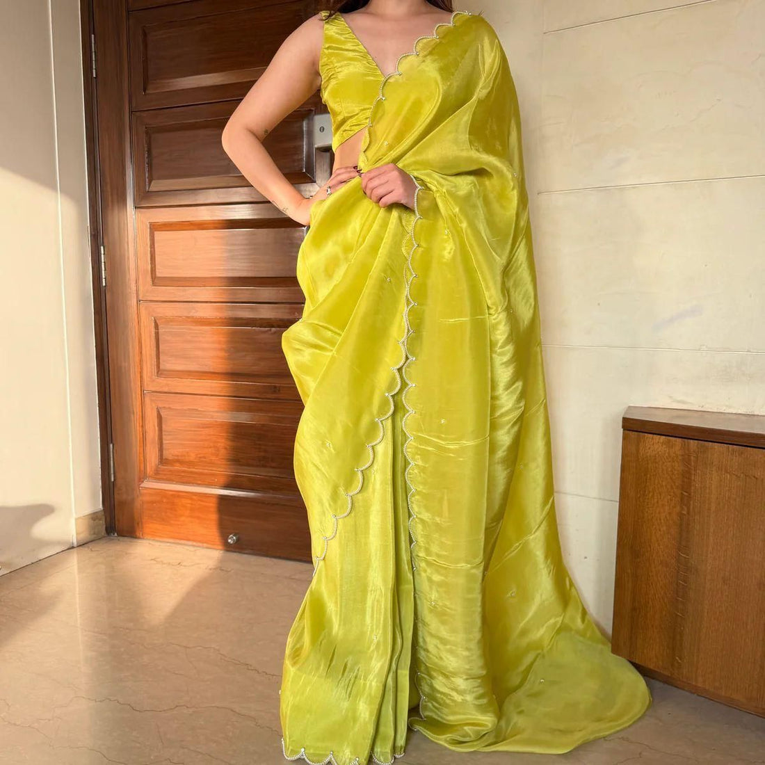 Lime Green Velvet Saree with Scallop Sequin Border