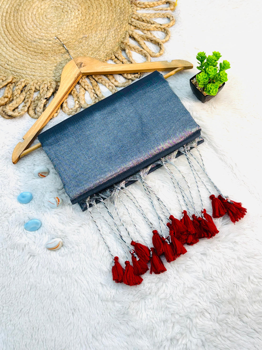 Sky Blue Cotton Silk Dupatta with Pink Tassels