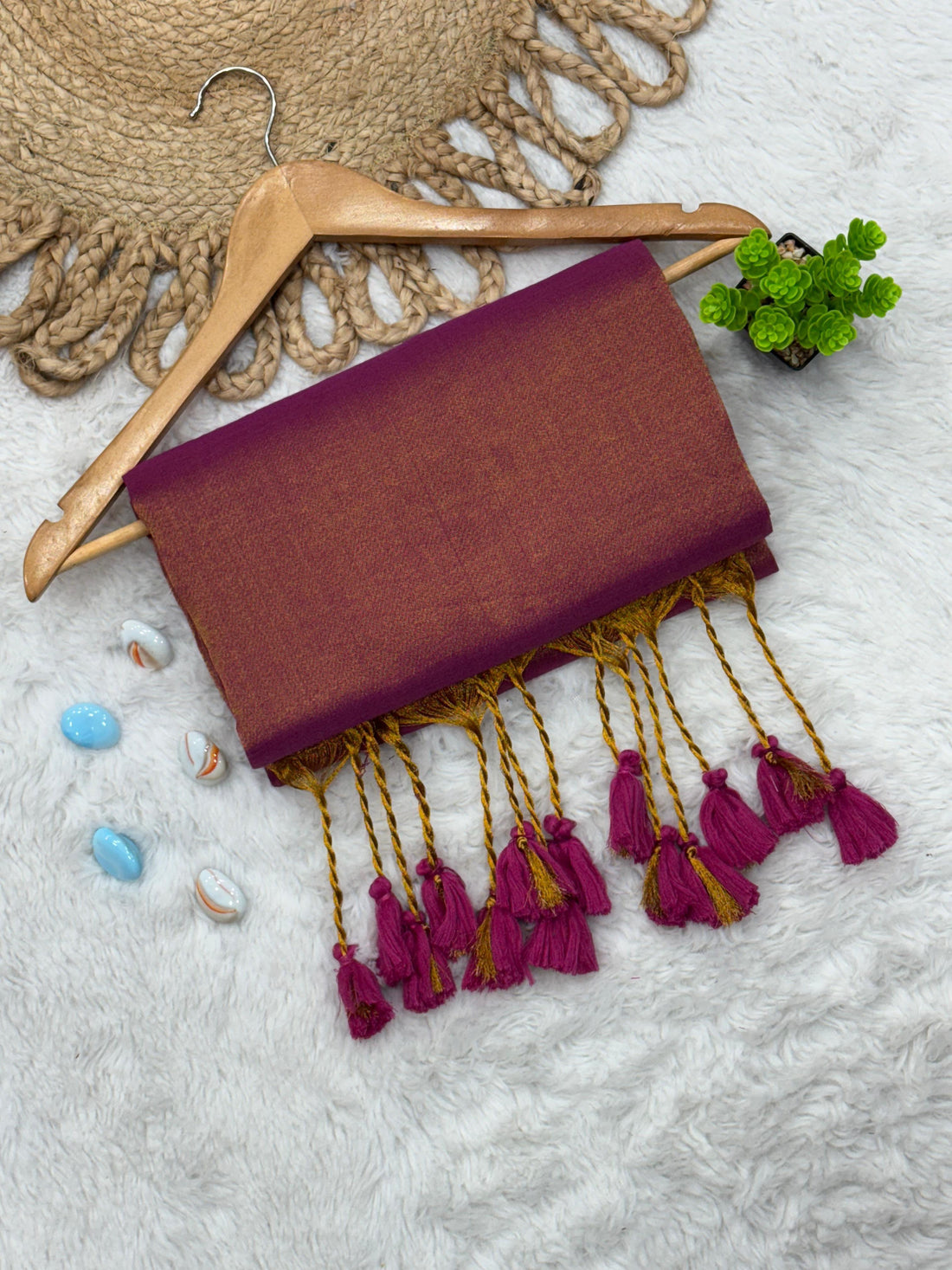 Wine Cotton Silk Dupatta with Pink Tassels