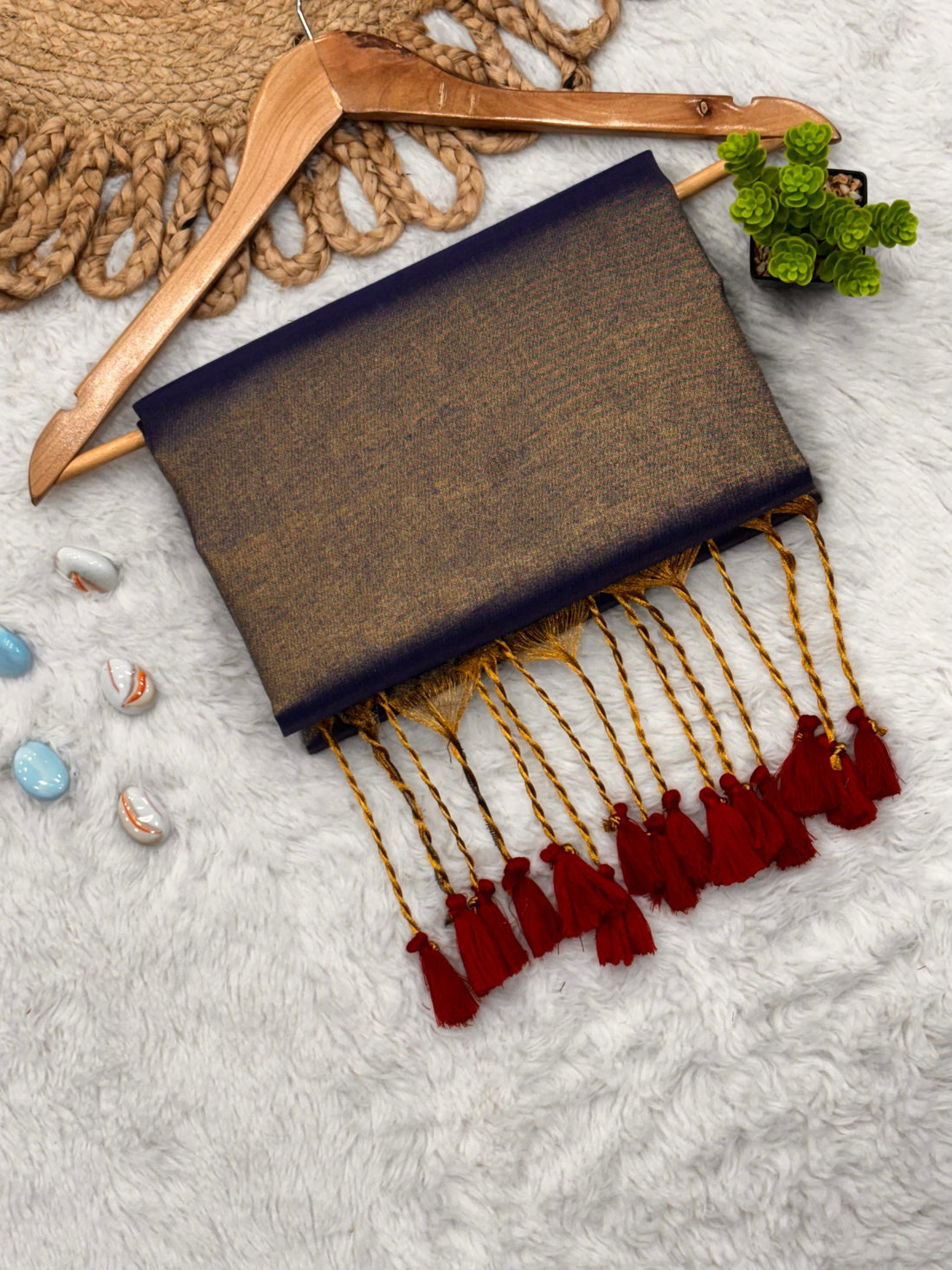 Navy Blue Cotton Silk Dupatta with Red Tassels