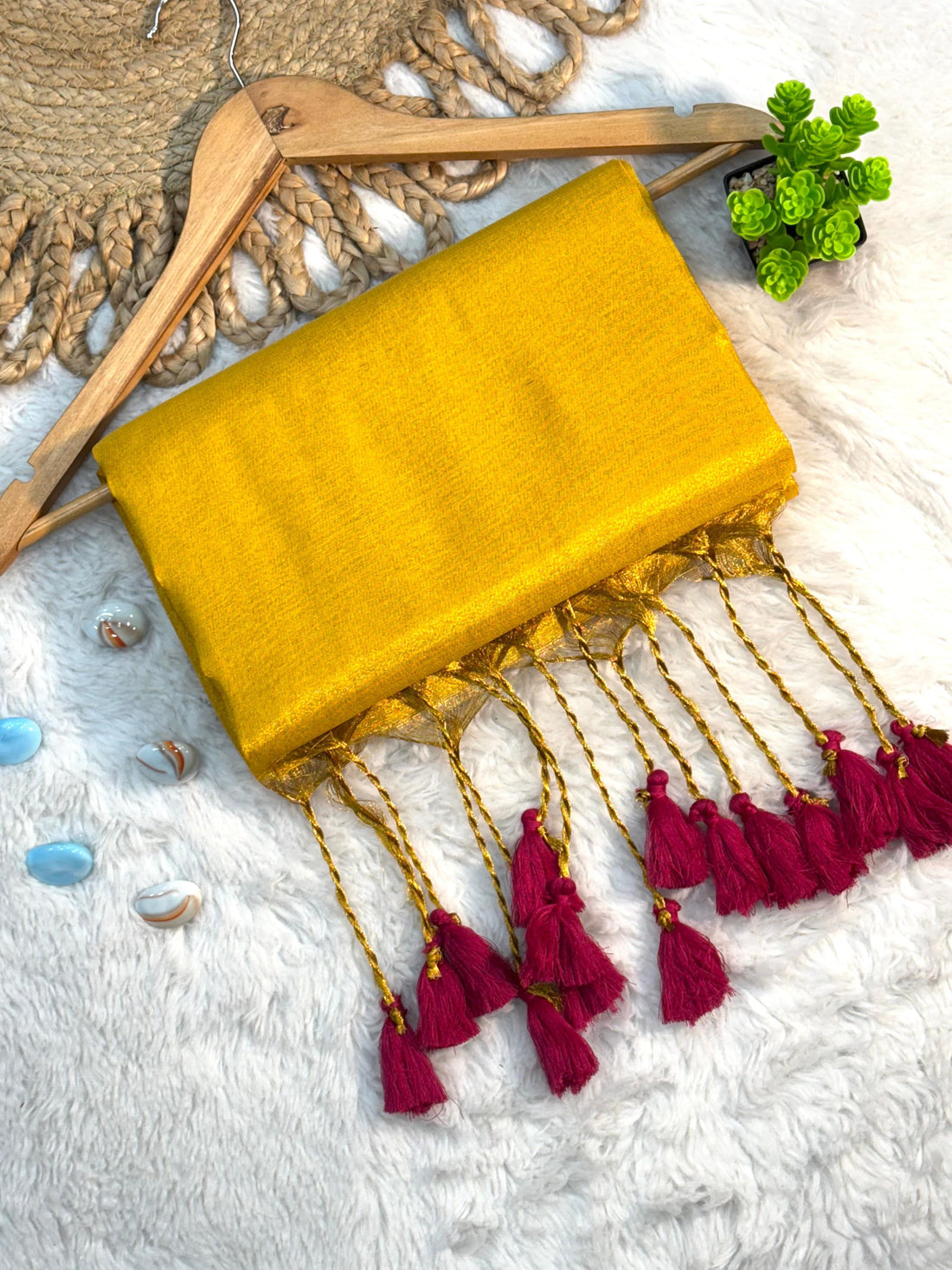 Yellow Cotton Silk Dupatta with Pink Tassels