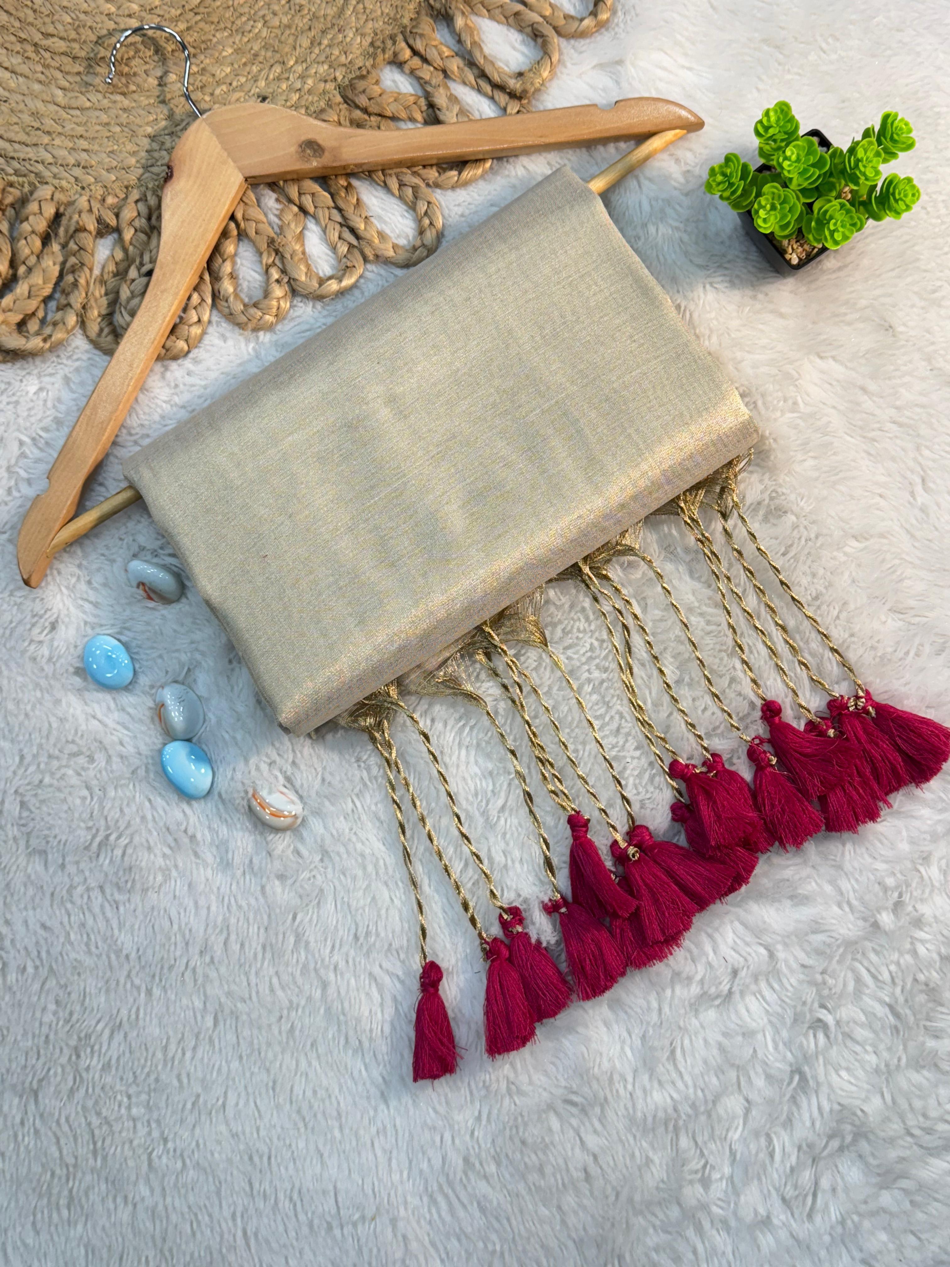 White Cotton Silk Dupatta with Pink Tassels