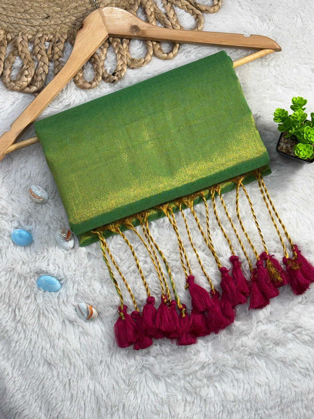 Green Cotton Silk Dupatta with Pink Tassels