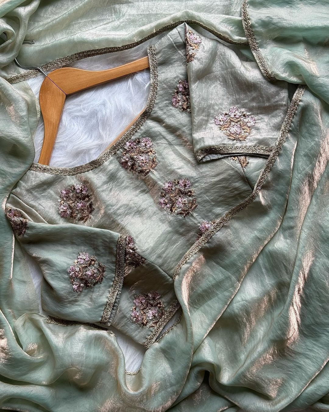 Mint Green Organza Saree with Hand Embroidered Floral Blouse