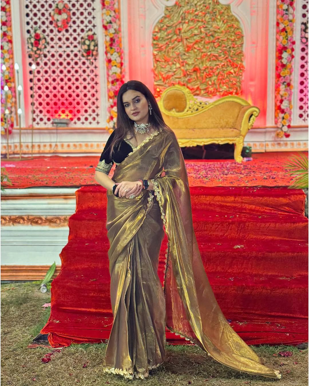 Metallic Gold Tissue Silk Saree with Leaf Border