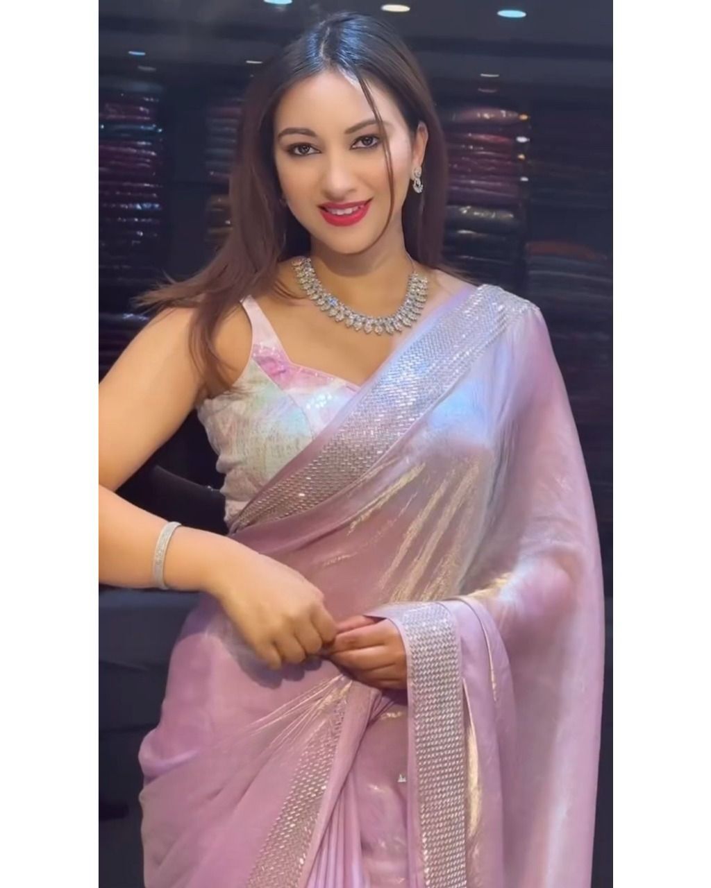 Pastel Pink Organza Saree with Diamond Sequin Border