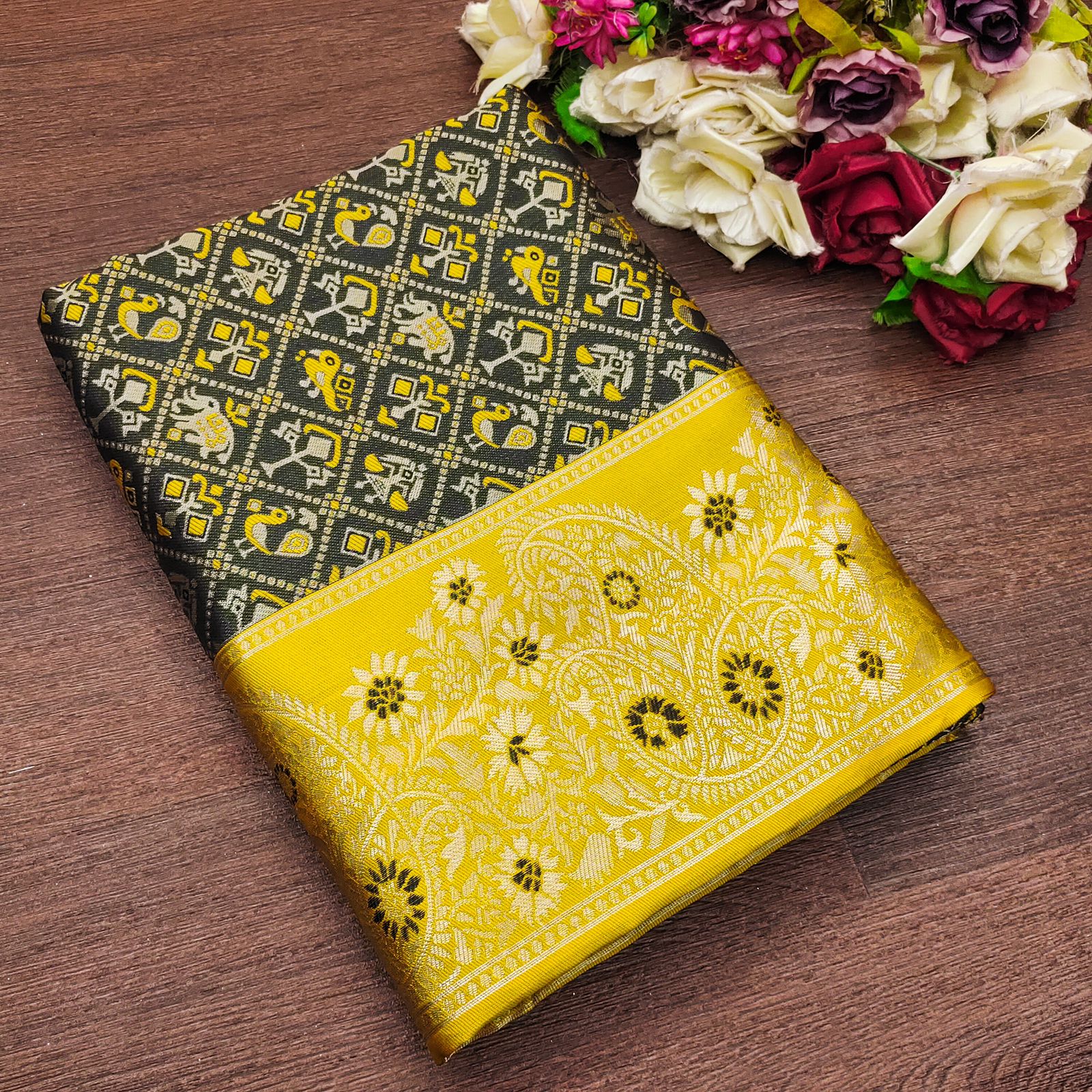 Yellow Patola Silk Saree with Black Ikat Pallu