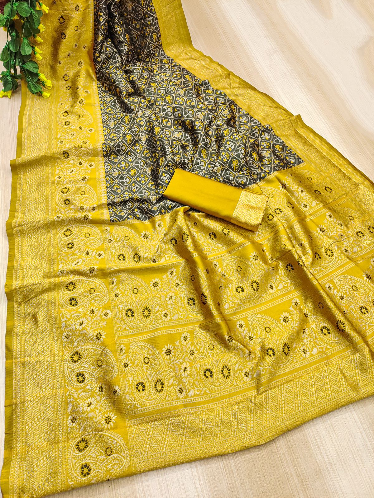 Yellow Patola Silk Saree with Black Ikat Pallu