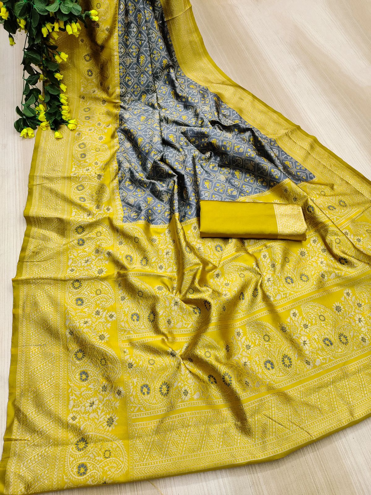 Grey and Yellow Patola Silk Saree with Zari Border