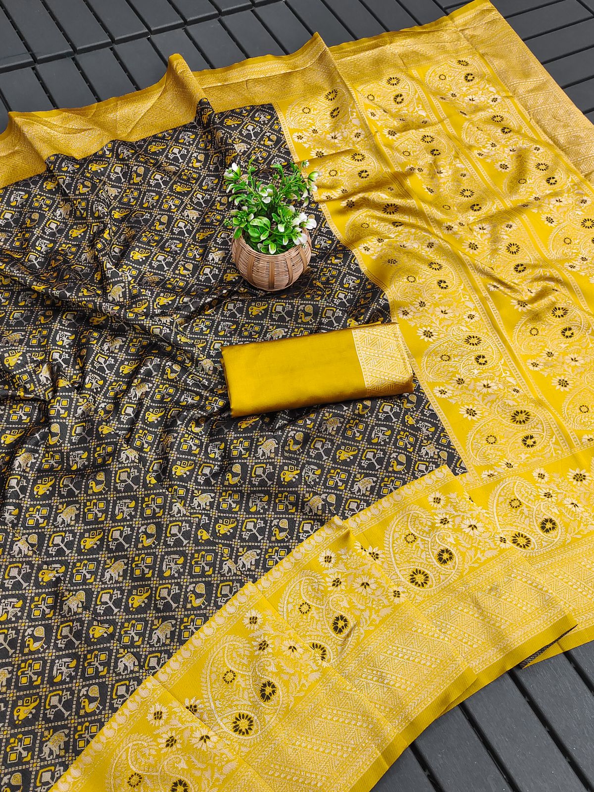 Yellow Patola Silk Saree with Black Ikat Pallu