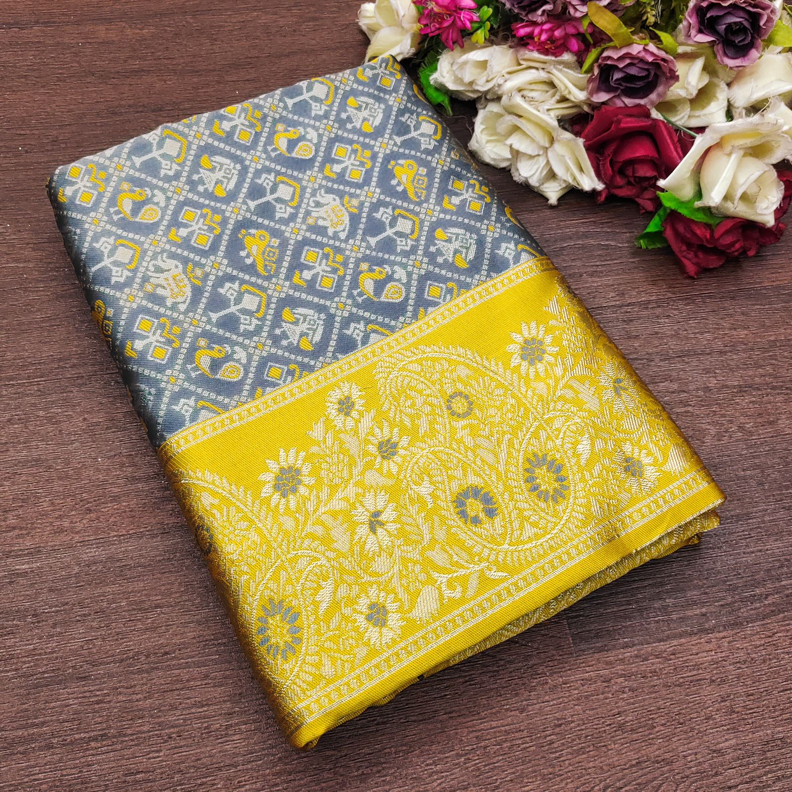 Grey and Yellow Patola Silk Saree with Zari Border