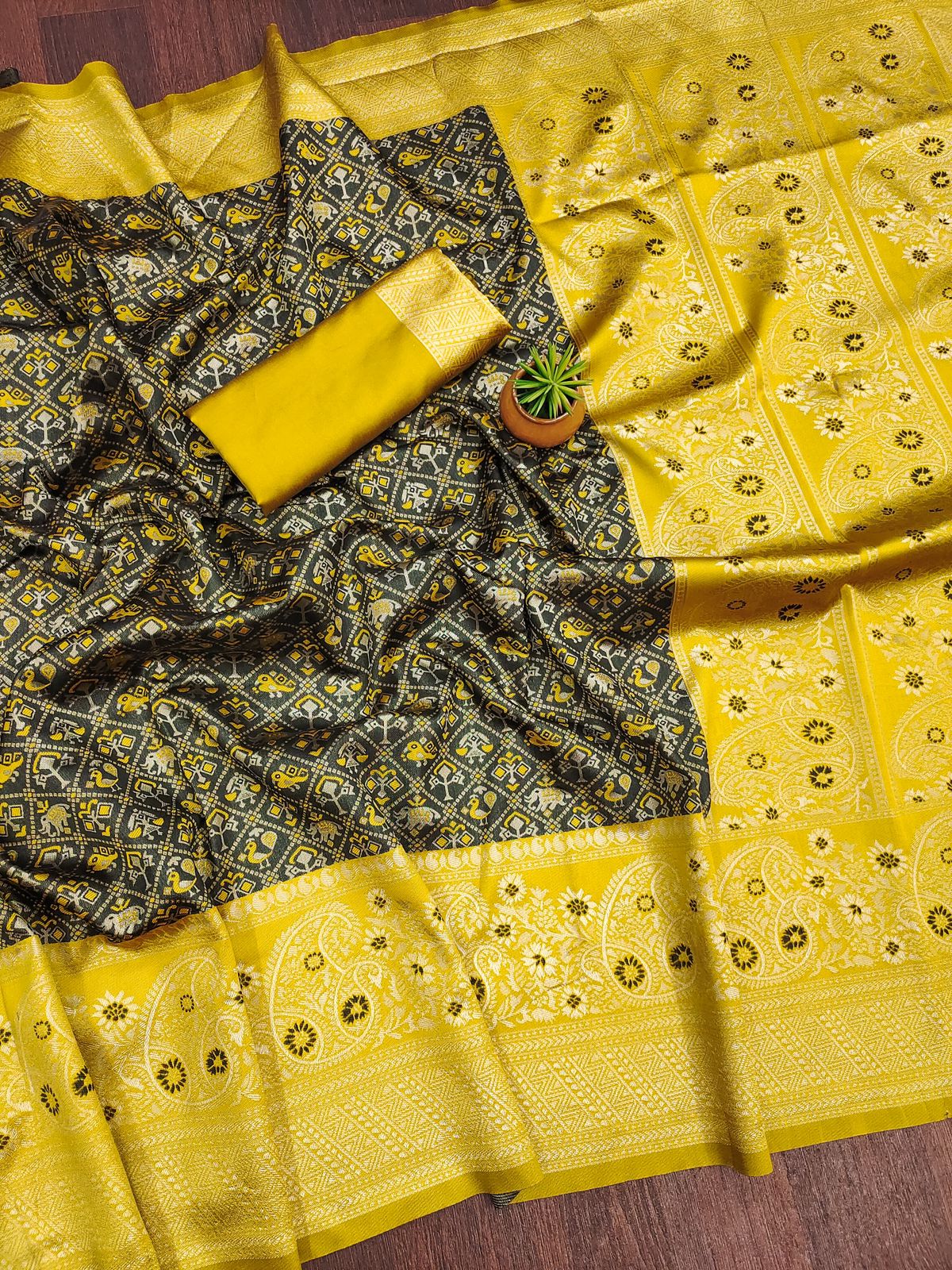 Yellow Patola Silk Saree with Black Ikat Pallu