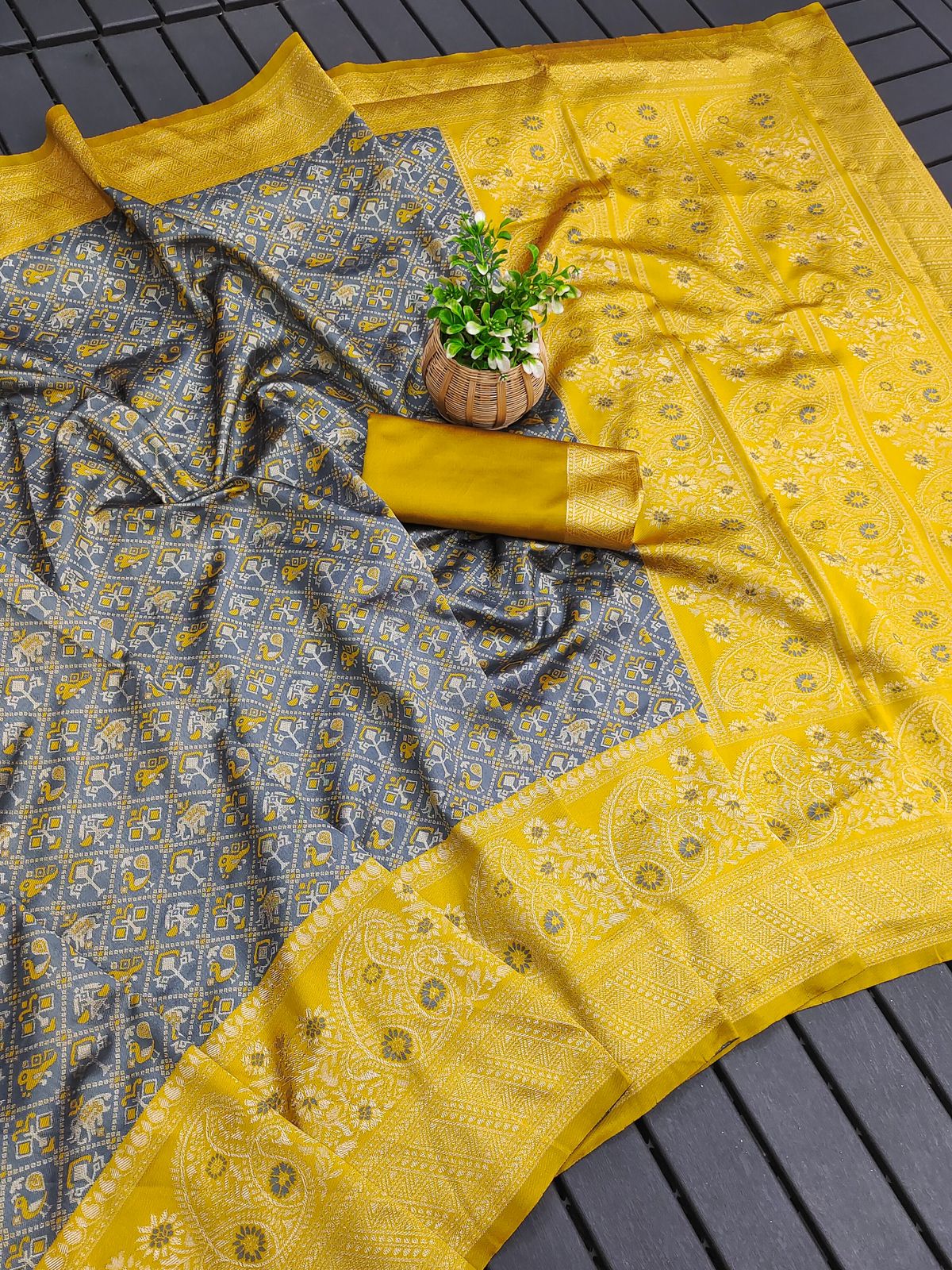 Grey and Yellow Patola Silk Saree with Zari Border