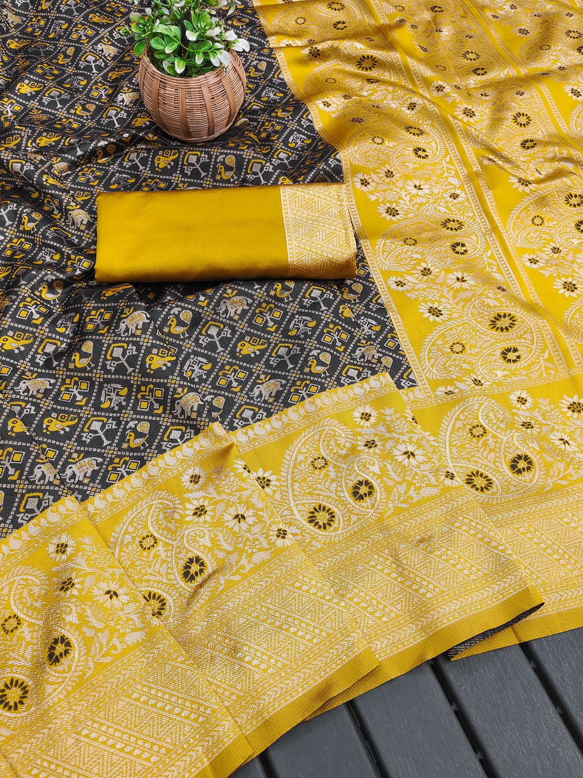 Yellow Patola Silk Saree with Black Ikat Pallu
