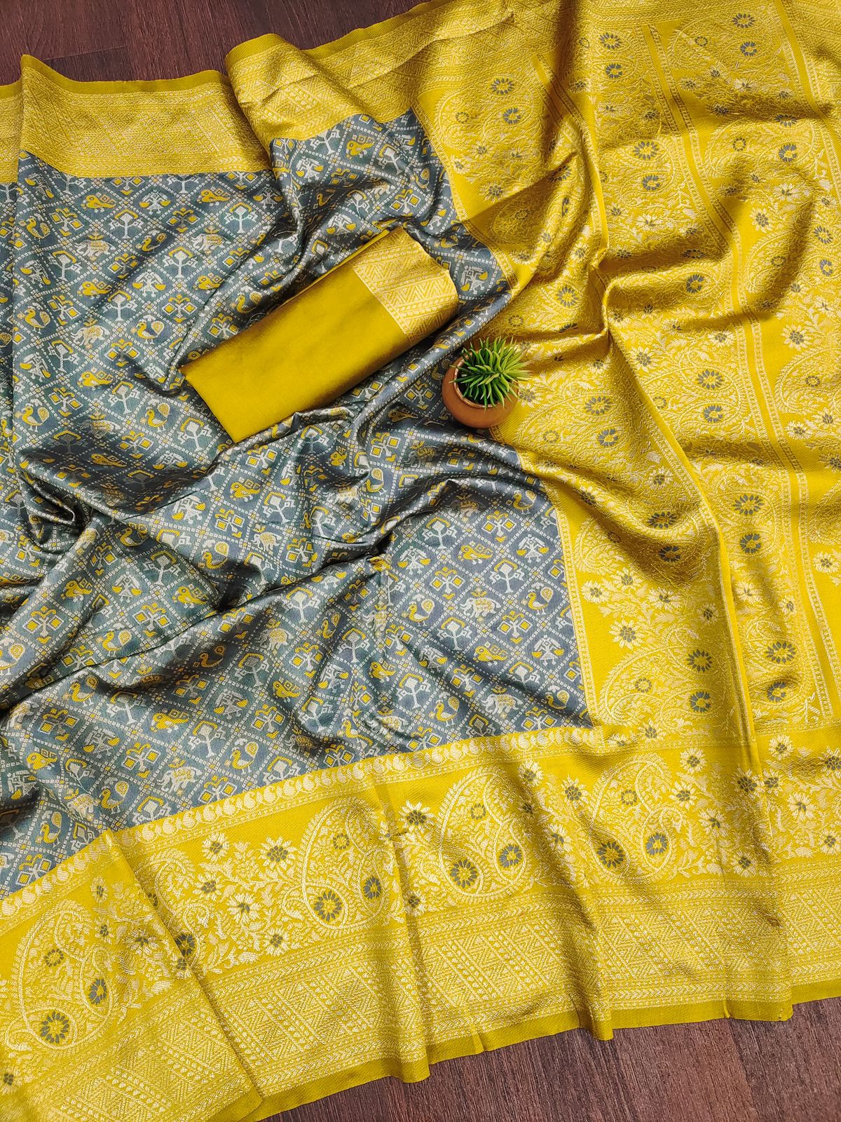 Grey and Yellow Patola Silk Saree with Zari Border
