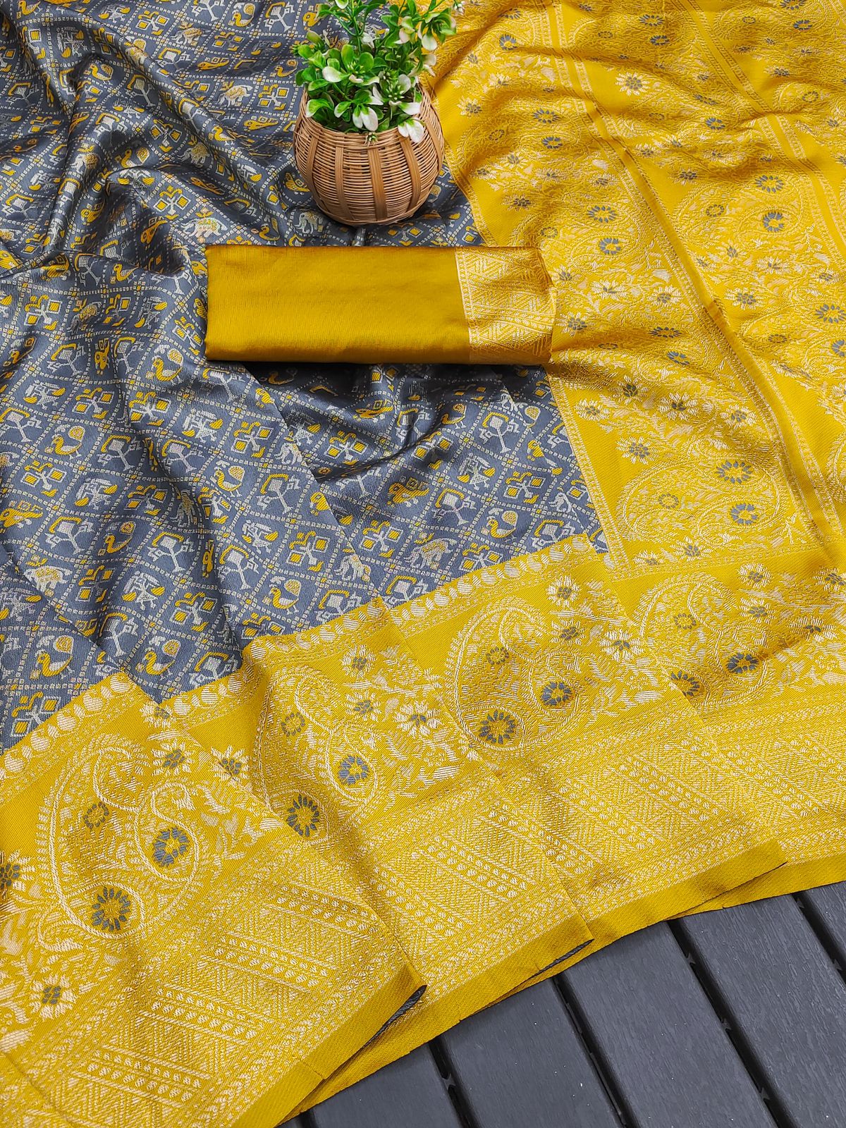 Grey and Yellow Patola Silk Saree with Zari Border