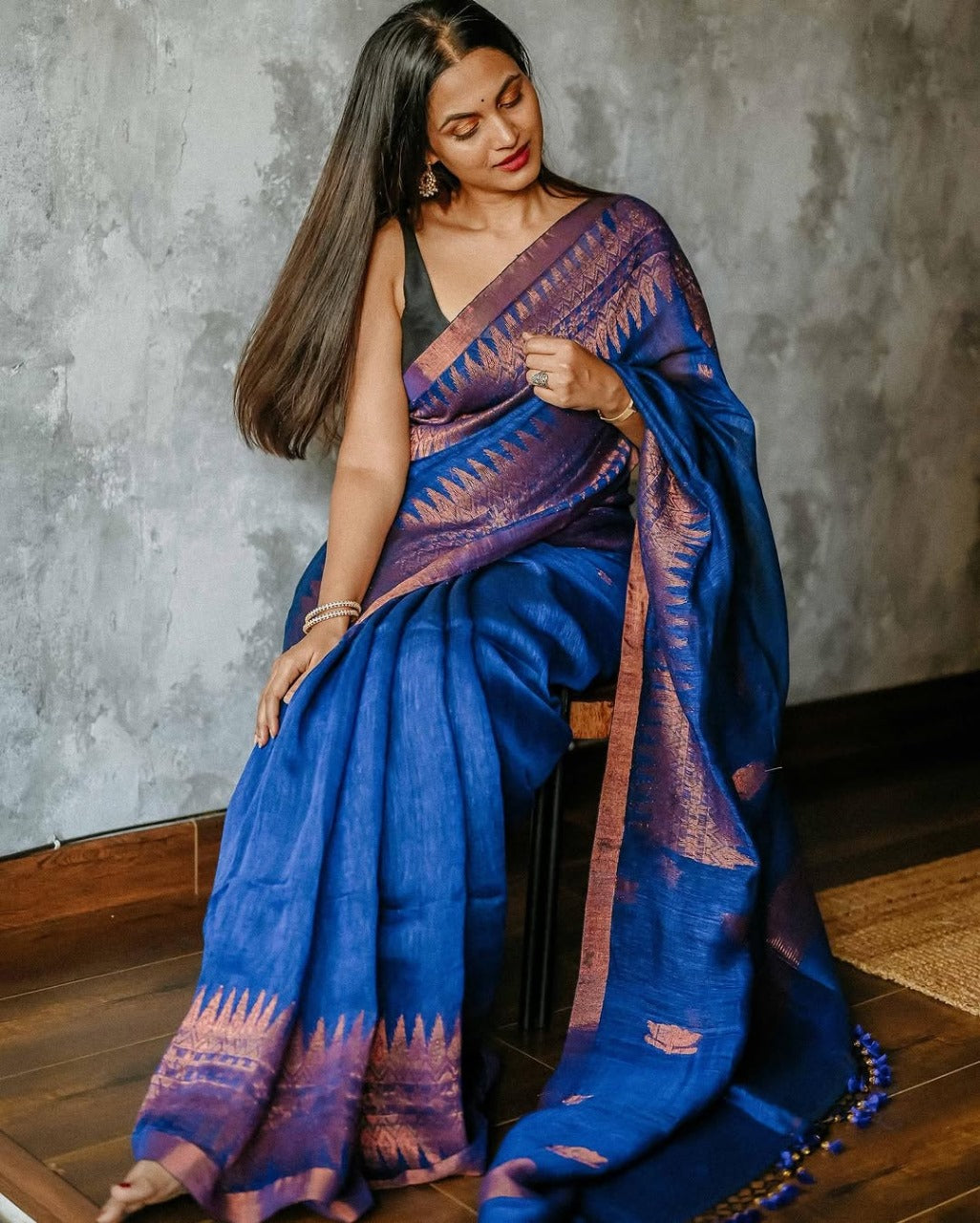 Royal Blue Raw Silk Saree with Copper Zari Border