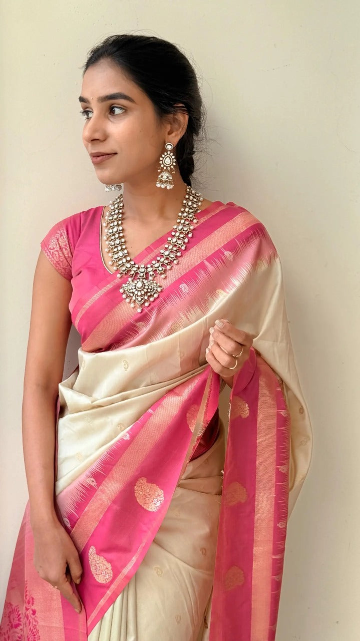 Ivory Silk Saree with Rani Pink Zari Border