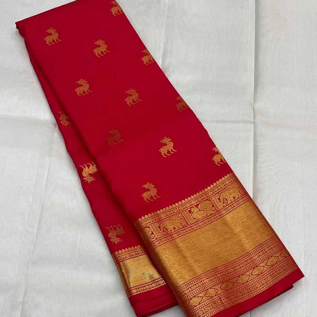 Pure Red Kanjivaram Saree with Golden Deer Motifs