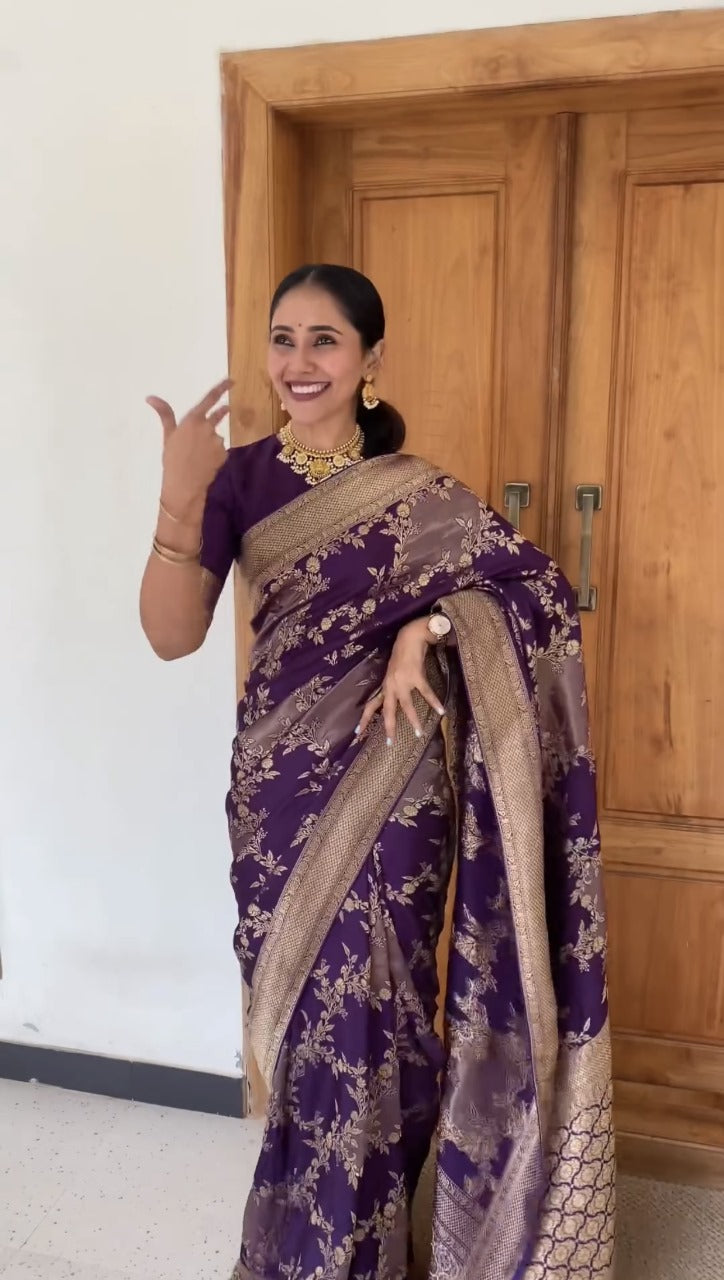 Meghavi - Purple Silk Saree with Gold Floral Zari Weaving and Contrast Border